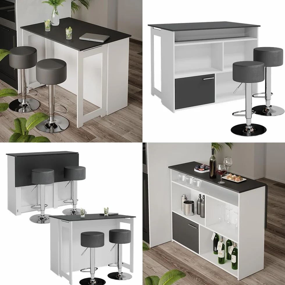 Vicco Set de Mesa de Bar Dominic, Antracita/Blanco, 116 x 37 cm, 2 Taburetes, Tablero Abatible
