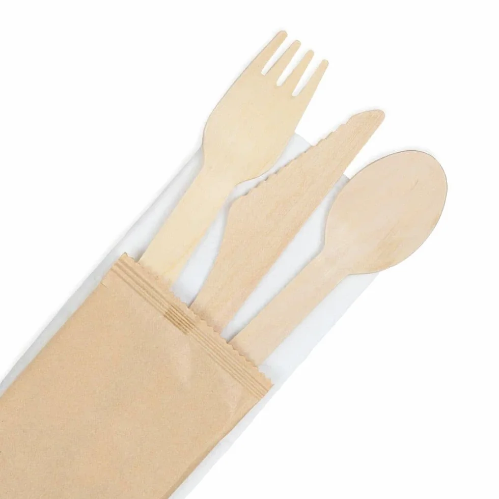 BIOZOYG Juego de cubiertos de madera Cuchillo Tenedor Cuchara 16cm con servilleta I Cubiertos biodegradables I Juego de cubiertos de madera para exteriores I Envase a granel de 400 pzs