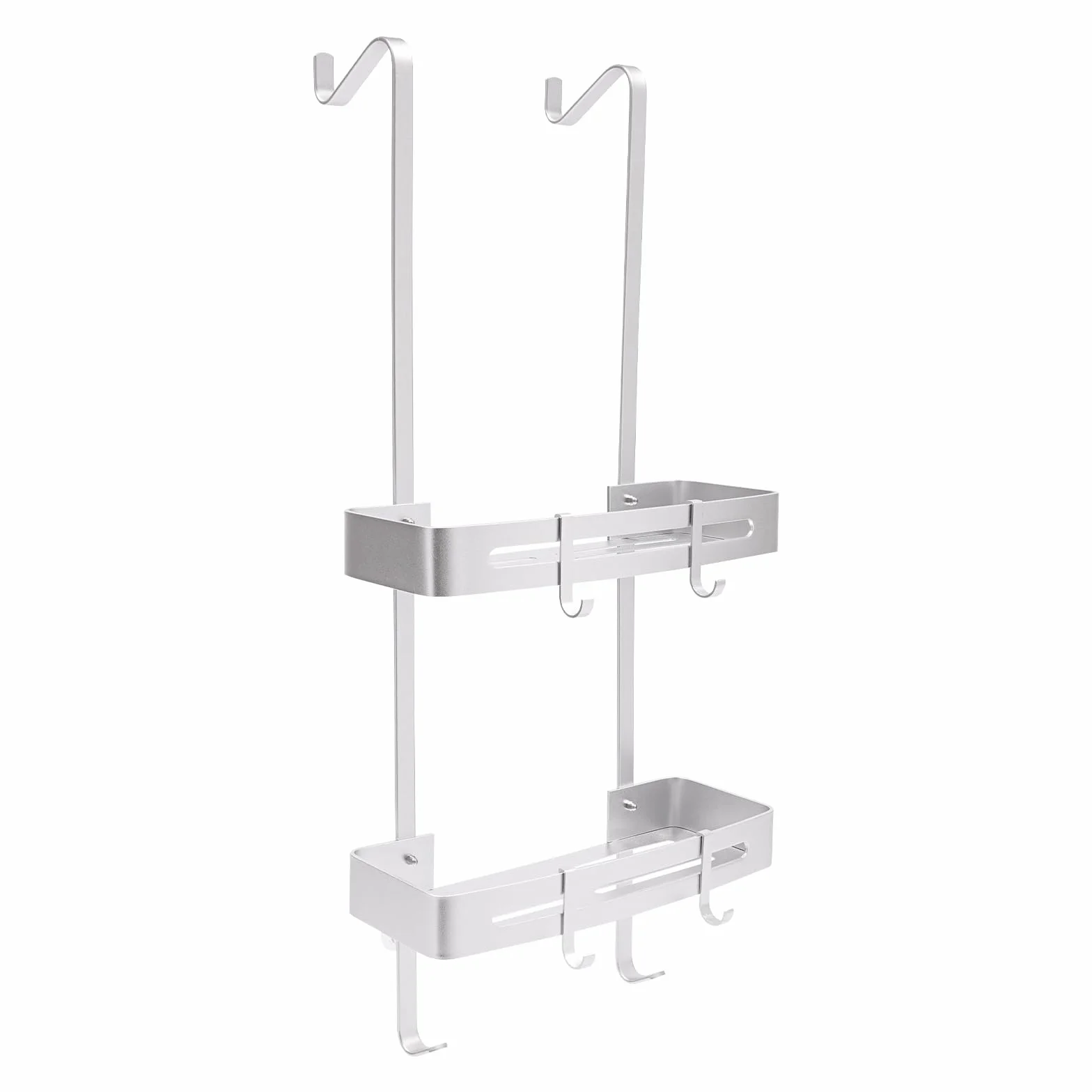 Estante de ducha para colgar de 2 niveles, estante de ducha para baño, champú, cesta de ducha, estante para colgar con 4 ganchos móviles, 32,5 x 12,5 x 73 cm, color plateado