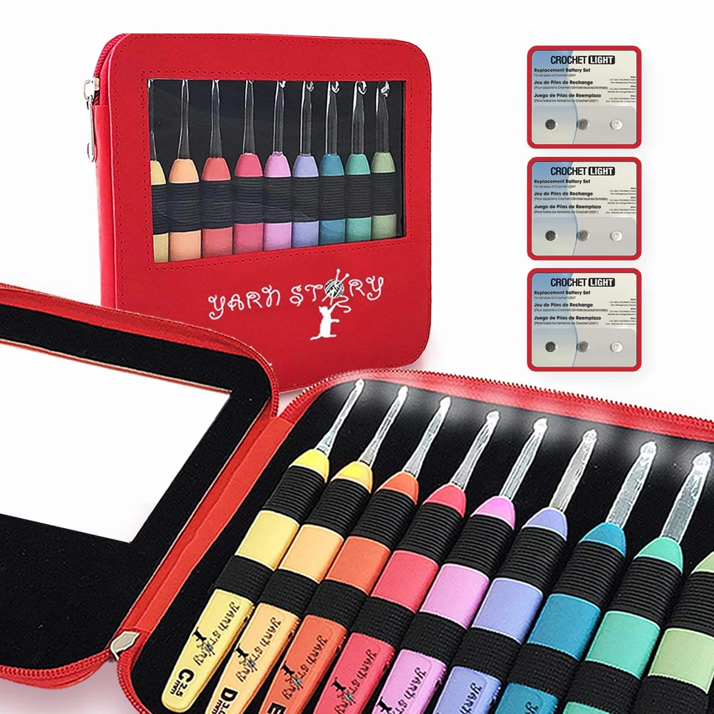 Juego de agujas de ganchillo iluminadas, 9 unidades, juego completo de 9 ganchos de ganchillo iluminados con 9 baterías adicionales, kit de ganchos de ganchillo con luz LED, tamaños de 2,5