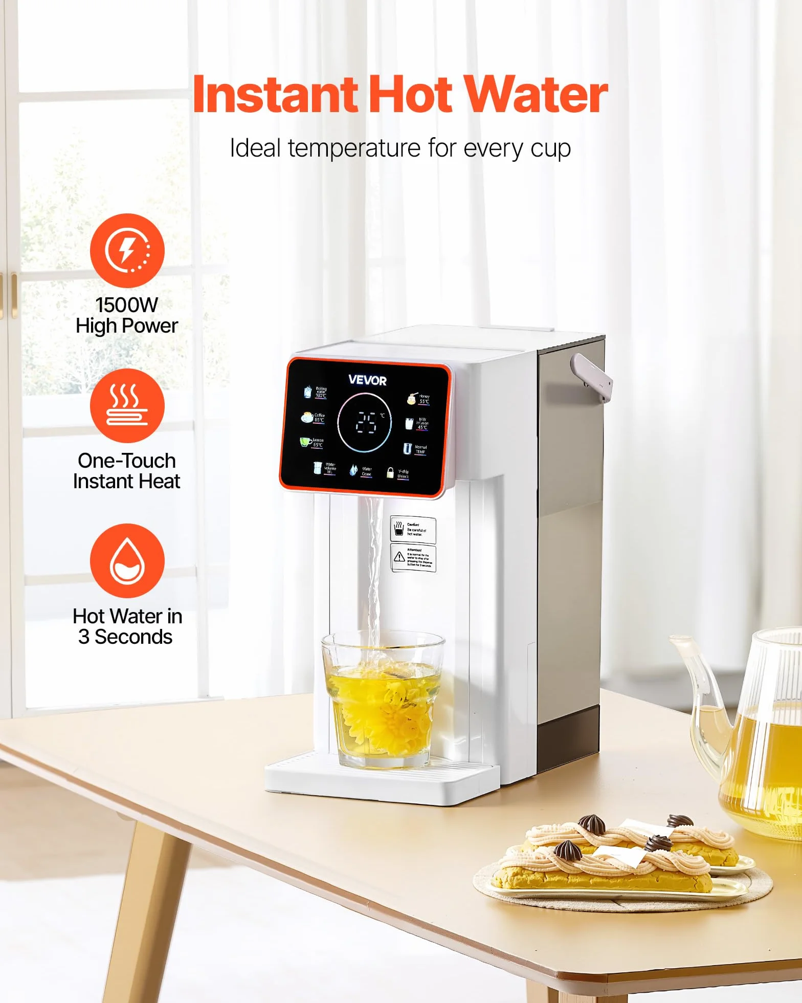 VEVOR Dispensador de Agua Caliente Instantáneo de Encimera con 6 Temperaturas Ajustables y 8 Volúmenes de Agua, Tanque Extraíble de 3 L, Calentamiento Rápido con Pantalla Táctil y Bloqueo, Blanco