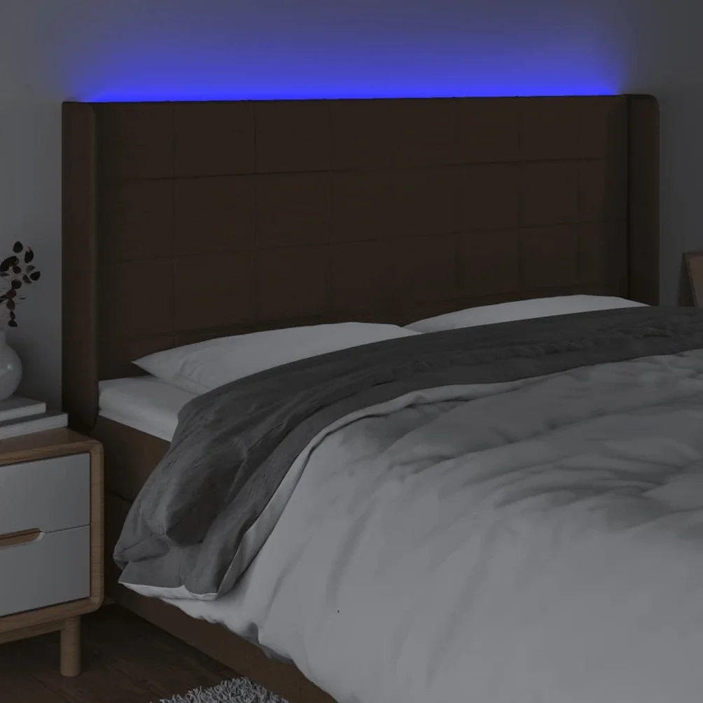 Cabecero de cama LED marrón oscuro, 203 x 16 x 118/128 cm, altura ajustable con tiras LED coloridas, acolchado transpirable, cabecero para jóvenes y adultos en el dormitorio