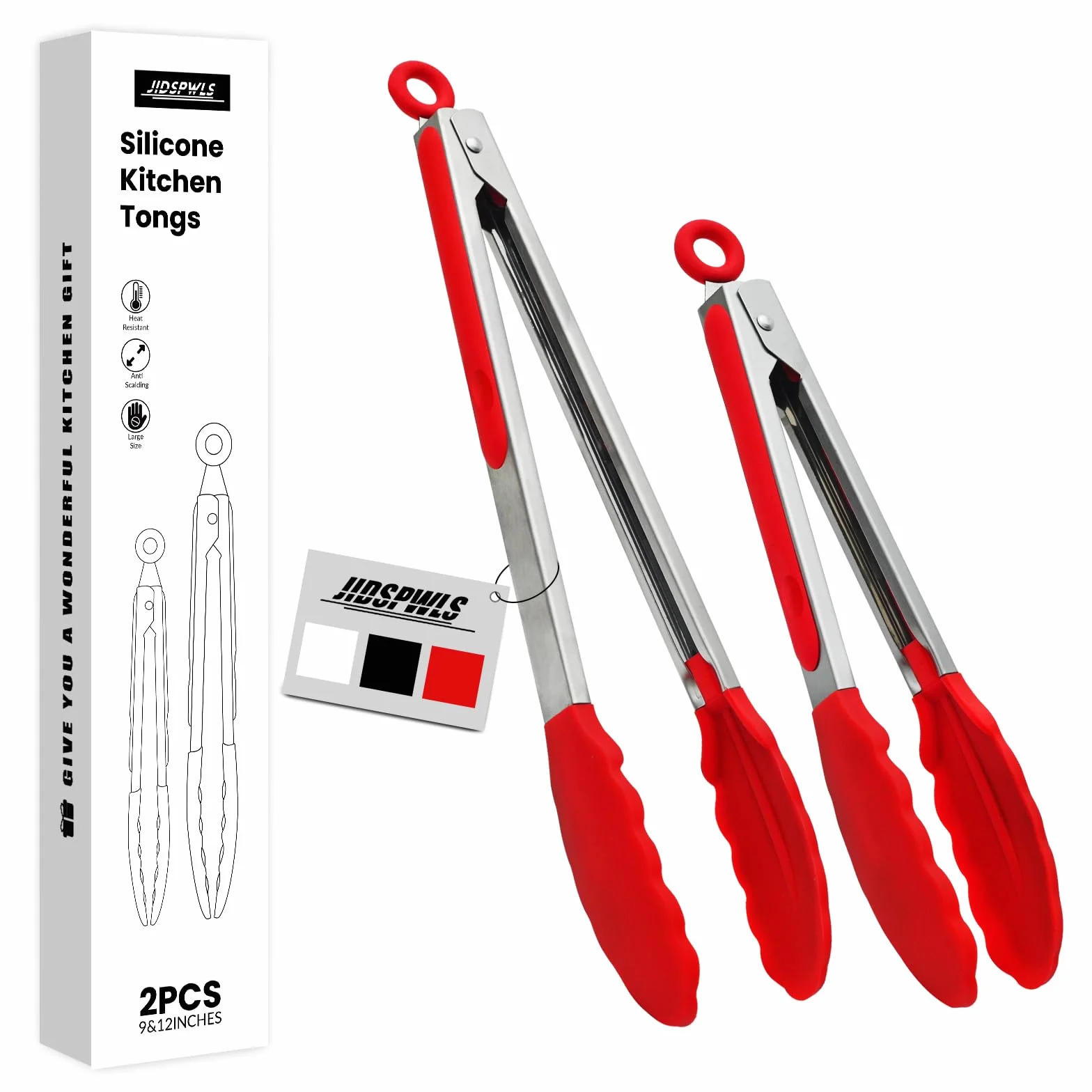Pinzas de cocina de acero inoxidable de alta calidad resistentes al calor para cocinar, juego de pinzas de cocina de 9 y 12 pulgadas (rojo), punta de silicona antiarañazos para sartenes