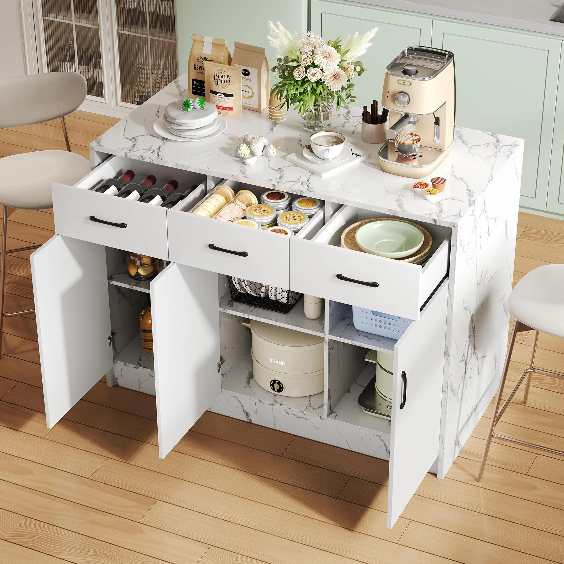 Gran isla de cocina, 3 cajones y 3 puertas, diseño de mármol blanco, estantes ajustables, ideal para cocinas familiares, diseño de área de bar - Utensilios de cocina elegantes y prácticos (Mármol