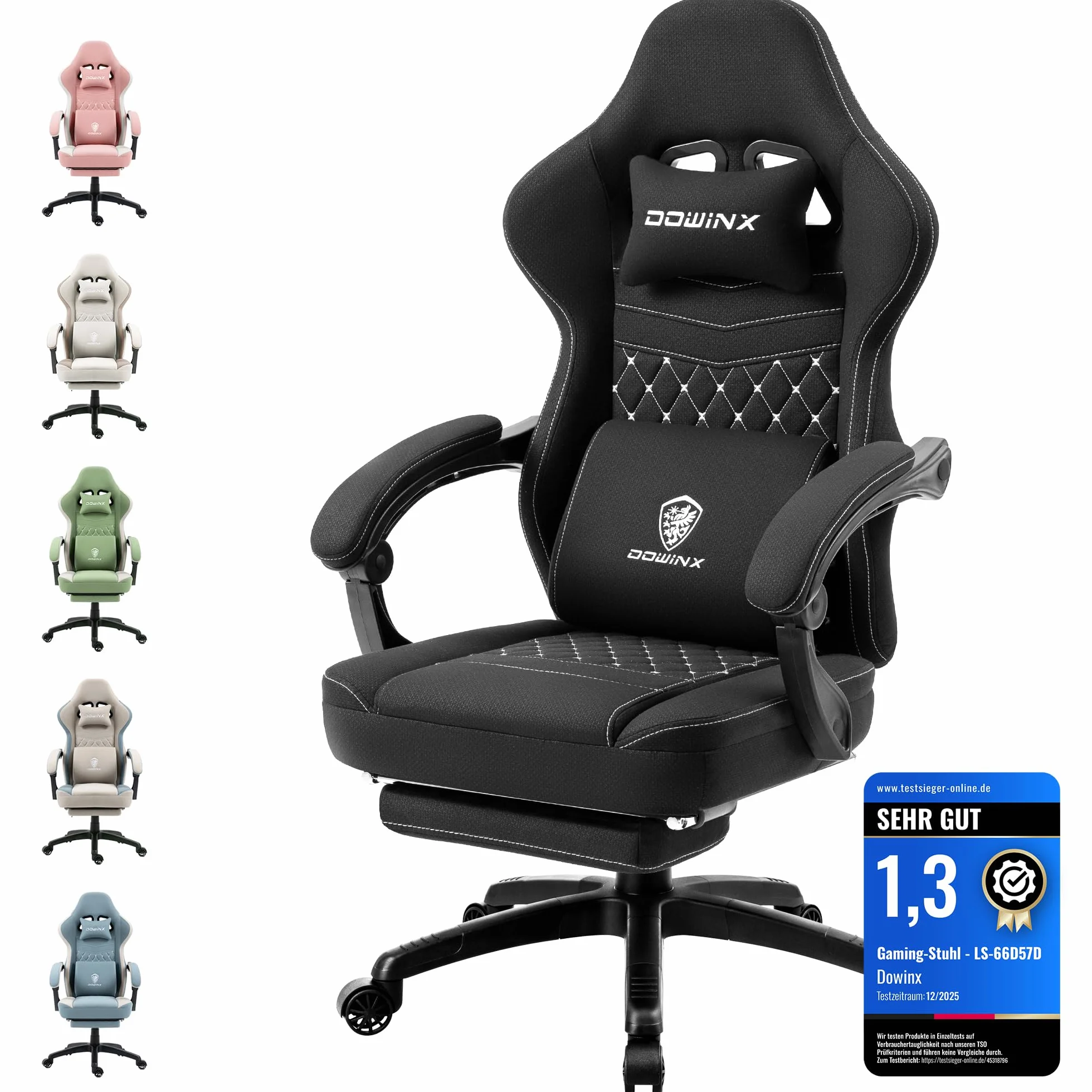 Dowinx Silla Gaming de Tela con Reposapiés Abatible y Extraíble, Silla Ergonómica para Oficina con Cojín de Gel y Muelles Ensacados, Silla Gamer Reclinable con Soporte Lumbar, para Adultos, Negro