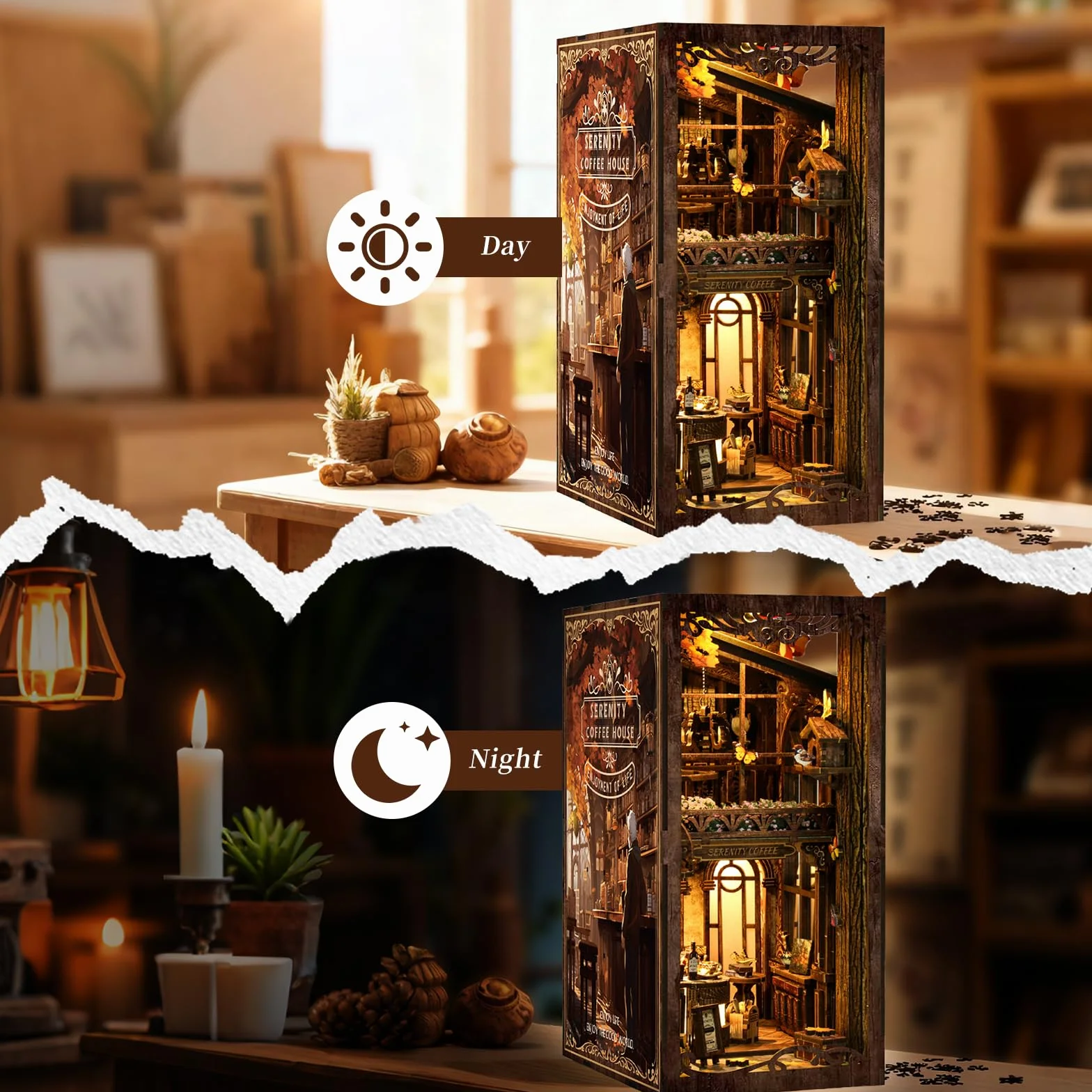 GuKKK Book Nook Kit, DIY Miniatura de Madera Kits, Puzzle 3D Café Casa de Muñecas, Kit de Construcción con Cubierta Antipolvo y luz LED (Cafetería)