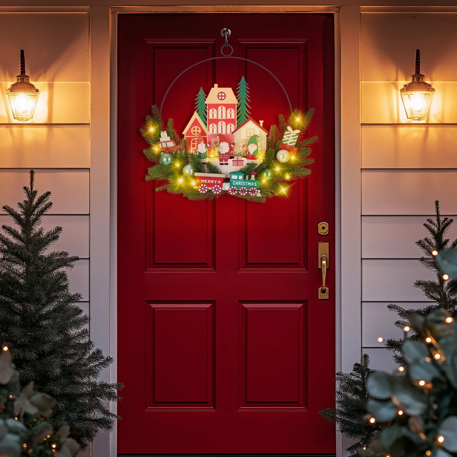Corona Navidad Puerta con LED, Decoracion Navidad Puerta, Corona de Navidad para Puerta, Adorno Puerta Navidad, Guirnalda Navidad Puerta, Adorno navideño para Puerta, 30cm (Rojo)