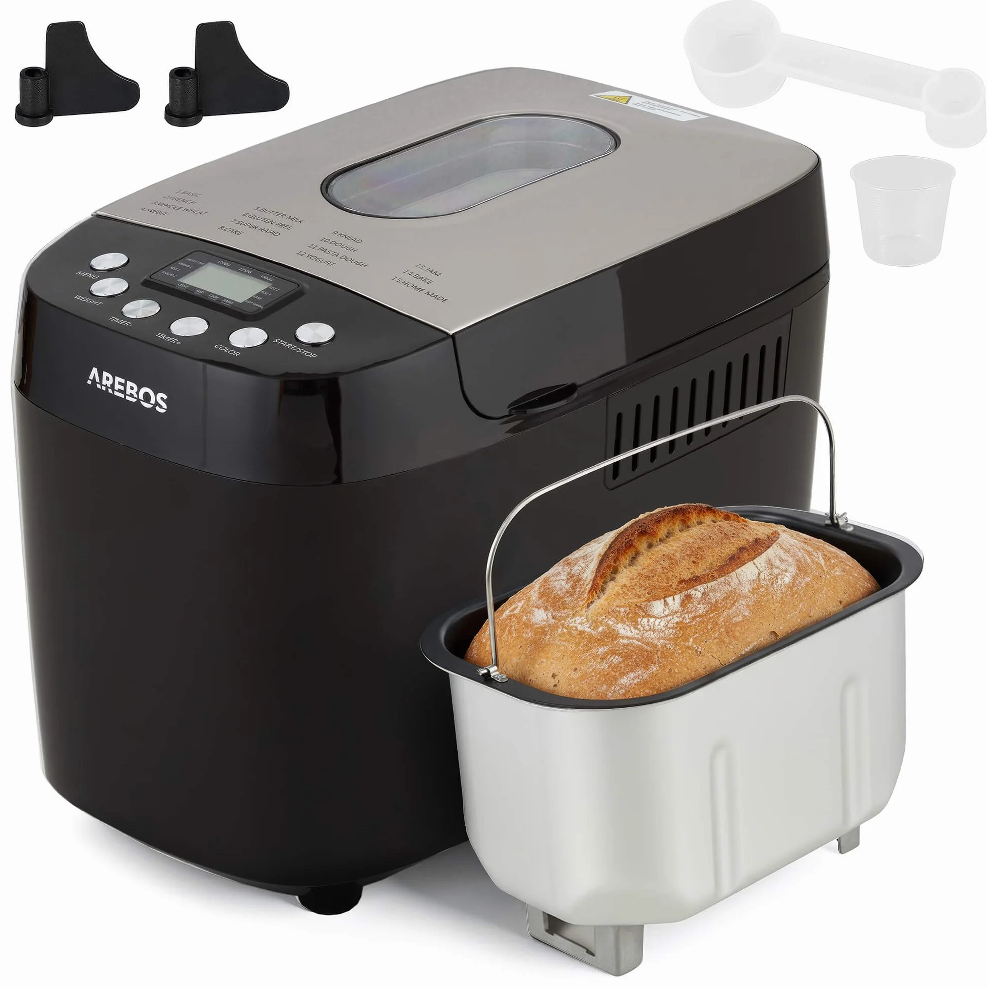 Arebos Panificadora 1500 g | con 15 programas | 2 ganchos para amasar | temporizador | pantalla LCD | 3 niveles de tostado y tamaños de pan | 850 W | Negro