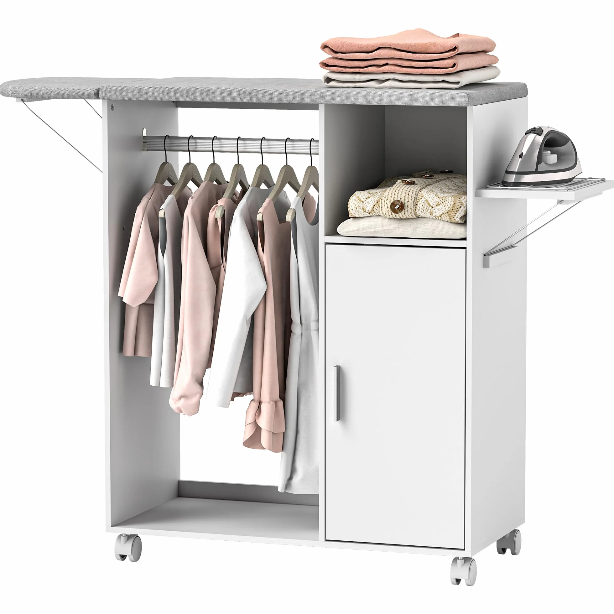 HOMCOM Mueble de Planchar de Madera Mueble de Planchado Tabla de Planchar Plegable con Ruedas Barra para Colgar Ropa Estante Abierto Estantes Ajustables para Sala Dormitorio 127x42,5x99 cm Blanco