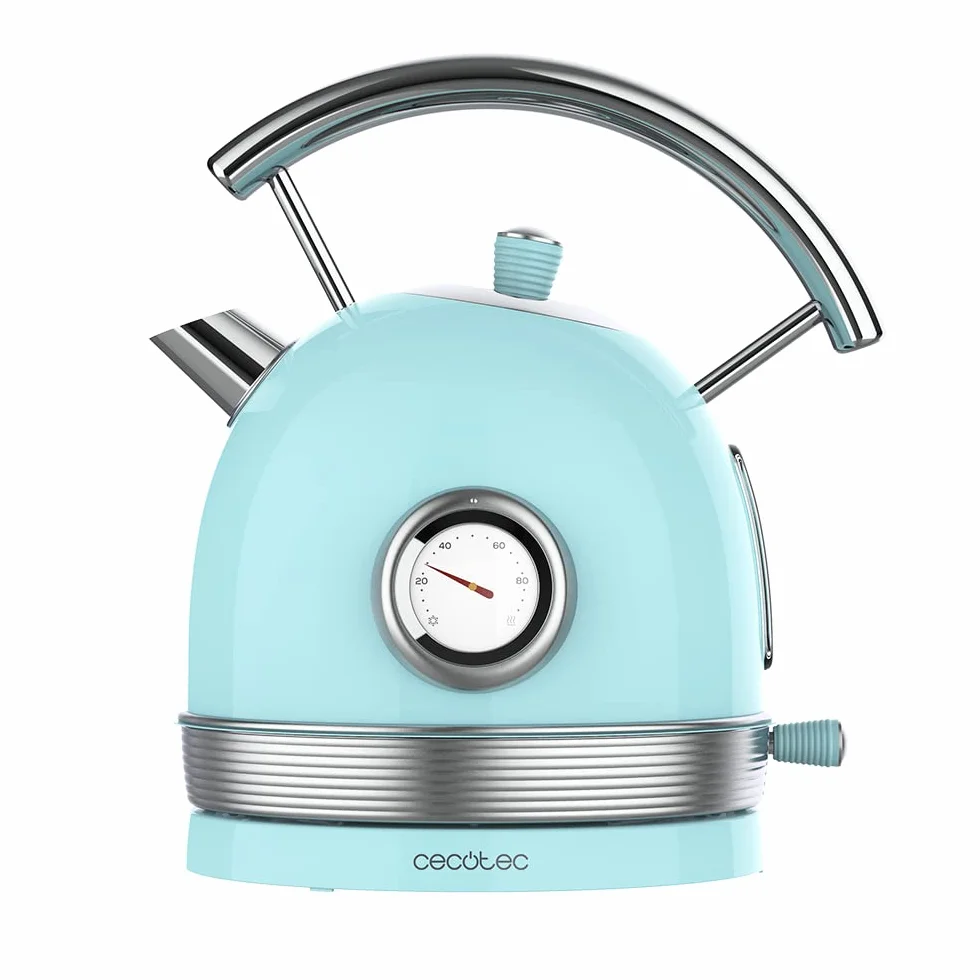 Cecotec Hervidor de Agua Eléctrico ThermoSense 420 Light Blue. 1,8 Litros de capacidad, 2200 W, Medidor de Temperatura, Base 360º, Acero Inoxidable, Estilo Vintage, Azul