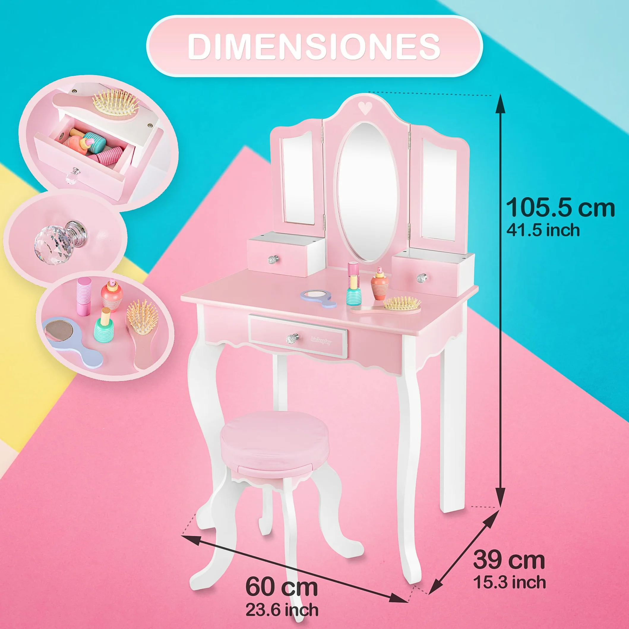 Tocador Infantil de Madera con Espejo y Accesorios Rosa Green Series GS3300