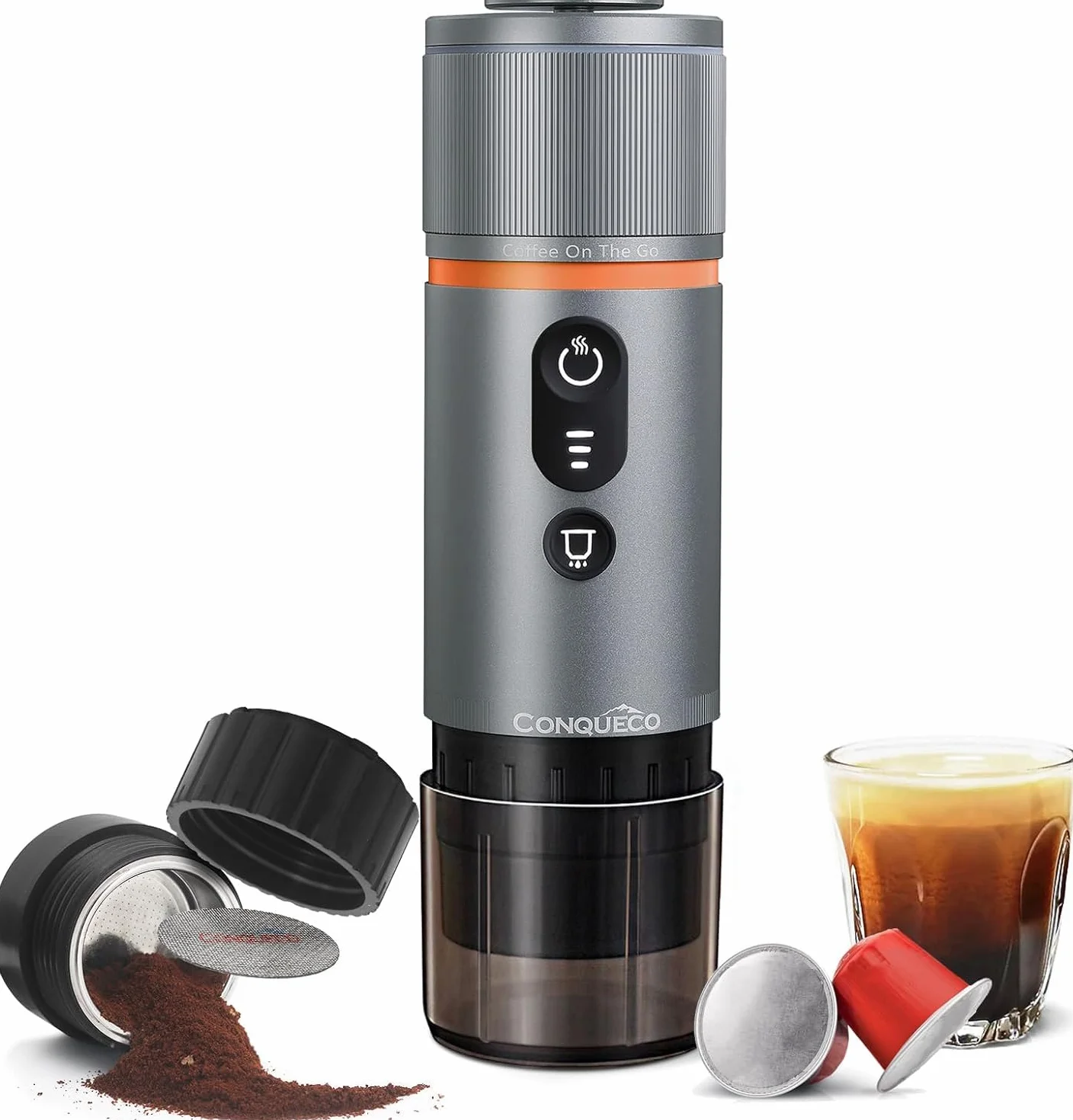 CONQUECO Máquina de café expreso portátil – Cafetera eléctrica de viaje con batería – para 12 V coche y camión y camping – Compatible con la cápsula Nespresso y la cápsula L'or