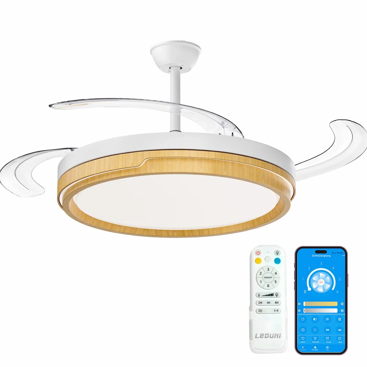 LEDUNI ® Ventilador techo con luz 66W controlador incorporado | Silencioso con Mando a Distancia+Control APP y Palas Retráctiles Interiores función verano-invierno (Madera)