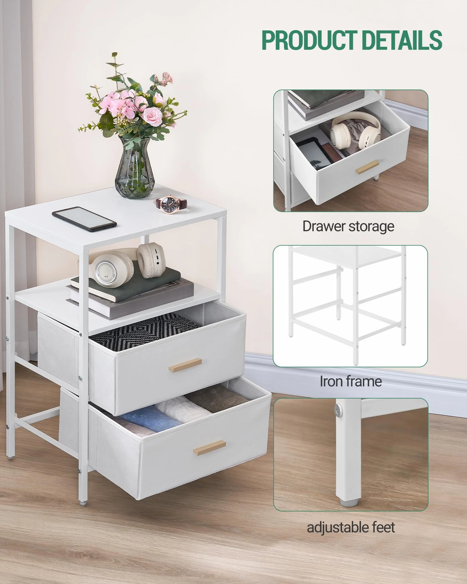 Hzuaneri Mesita de Noche Juego de 2, Mesa Auxiliar con 2 cajones de Tela Plegables, Compartimento Abierto, Mesita de café, Mesita de Noche Dormitorio, para salón, Dormitorio, Blanco NS30713W