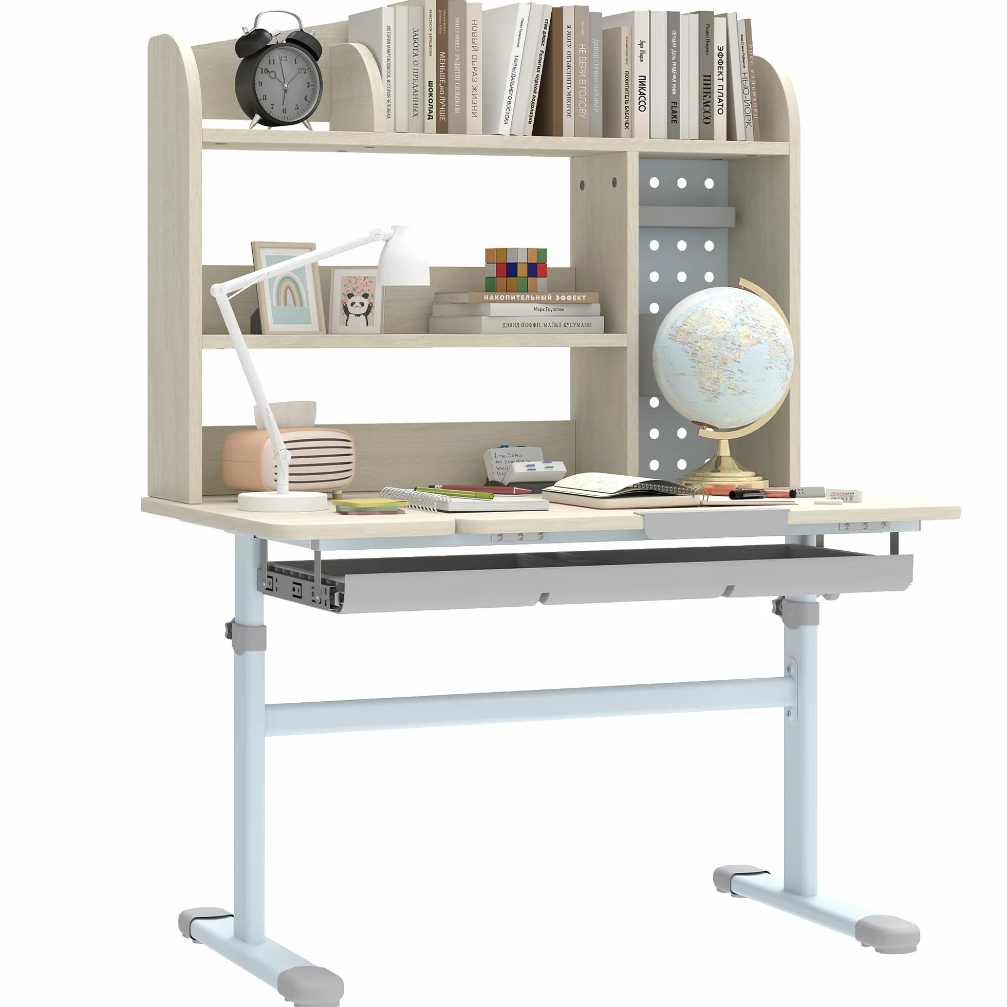 AIYAPLAY Escritorio infantil, mesa de estudio regulable en altura con tablero basculante, conejera, cajón, estante de almacenamiento, panel perforado, para leer, dibujar, estudiar, de 3 a 12 años,