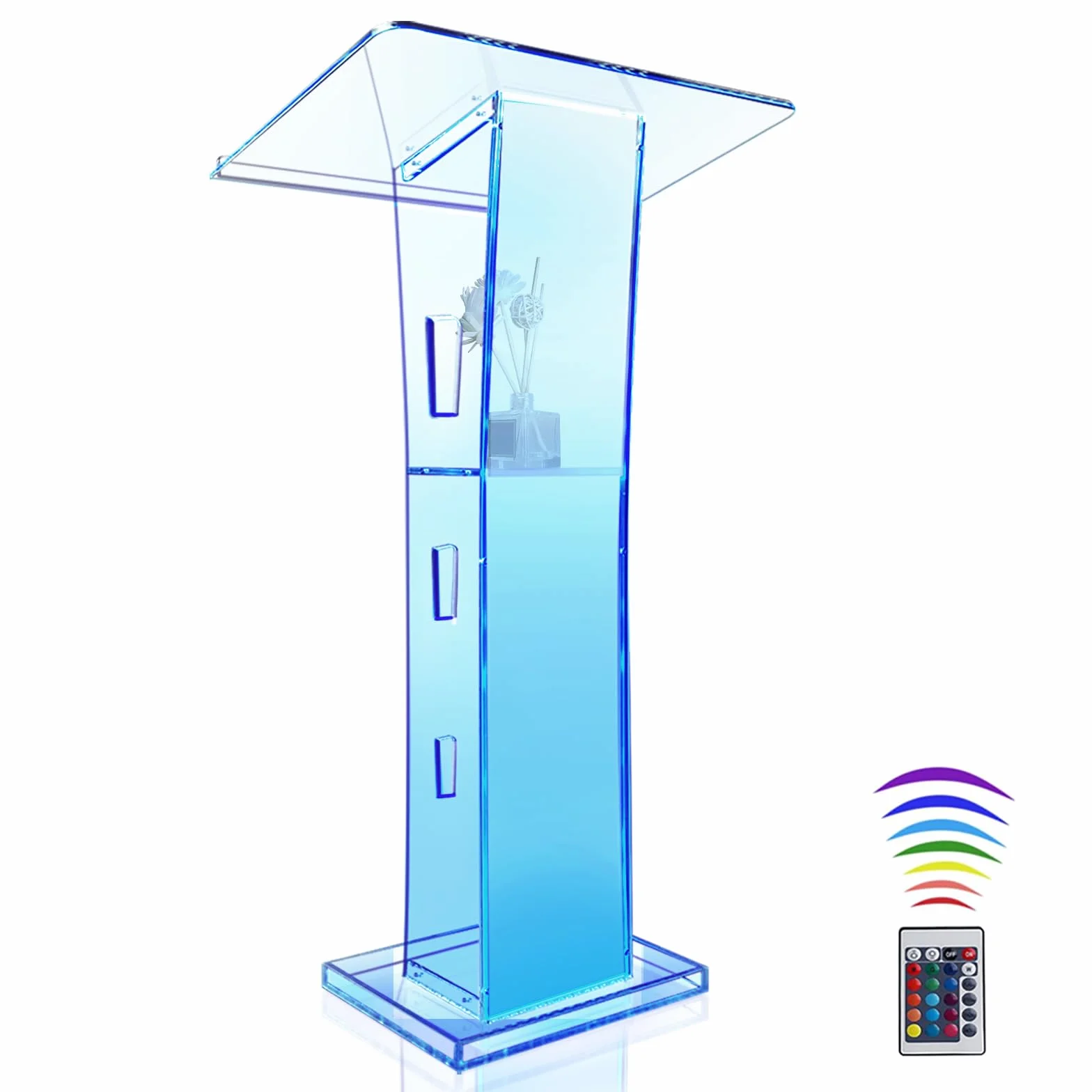 Podio acrílico, Atril de acrílico Transparente con Estante de Almacenamiento, púlpito de la Iglesia con de 15 Colores, Soporte de podio de Estabilidad para Iglesia, conferencias, 115cm x 60cm x 41cm