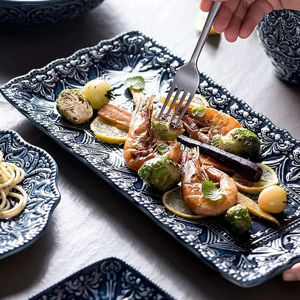 Juego De Vajilla De Cerámica Azul 12 Piezas Bajo Vidriado Ideal para Restaurantes Fiestas Familiares Y Eventos Vajillas Completas Baratas