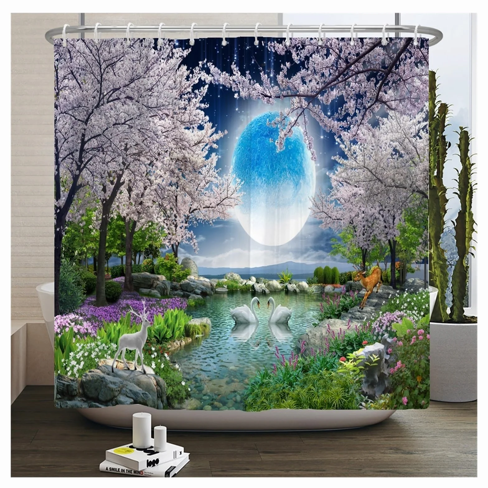 Cortina De Ducha Cortinas de Ducha Impermeables con Paisaje de Flores, Cortinas de baño de Flores de Calle Rural, Tela de poliéster, decoración Lavable, Cortinas de baño(JK3273,W300xH180cm)