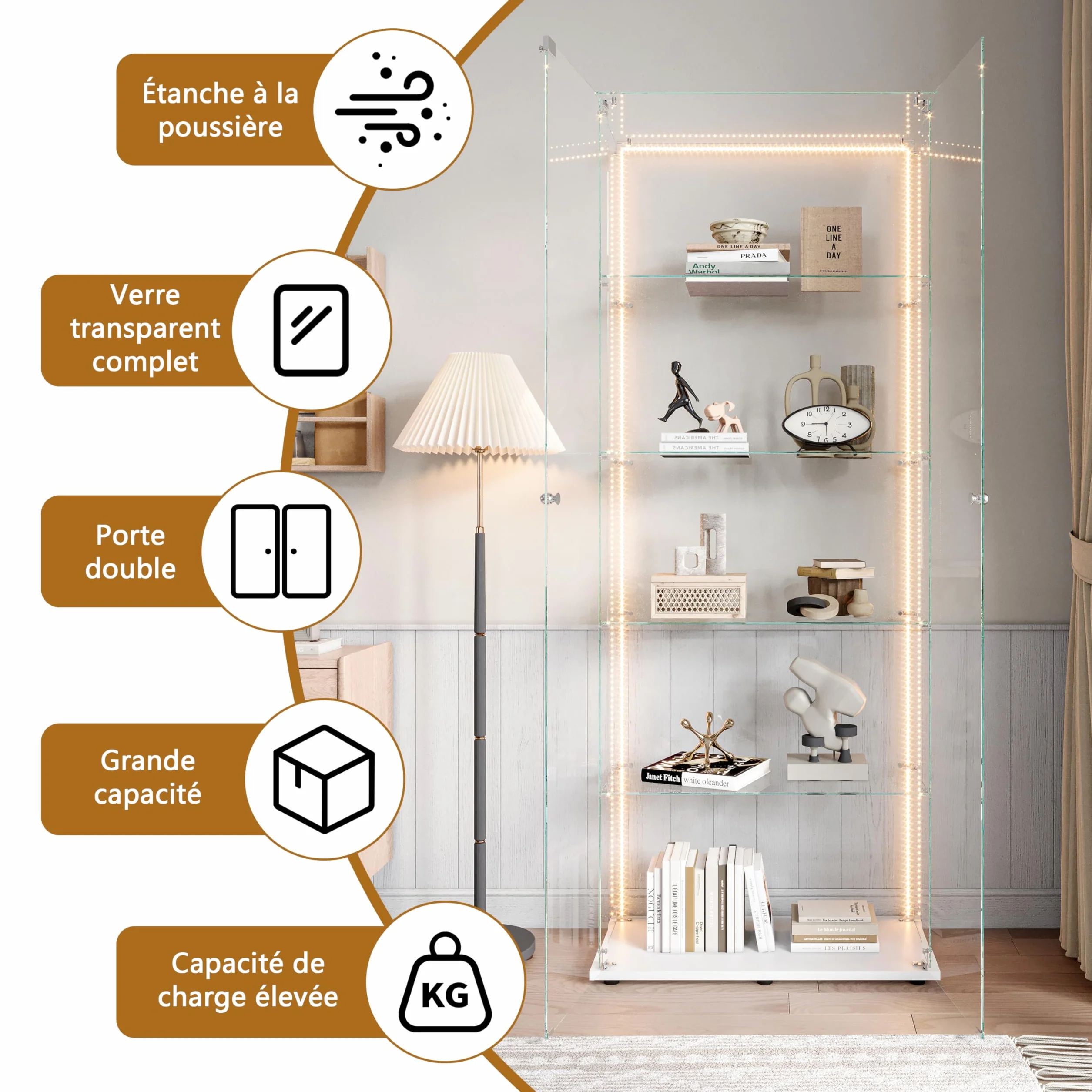 Vitrina de vidrio con 5 estantes, 2 puertas de exhibición con base de vidrio con LED y cerradura, gabinete moderno para colección de vasos, vitrina de exposición vertical para el salón (blanco-6B