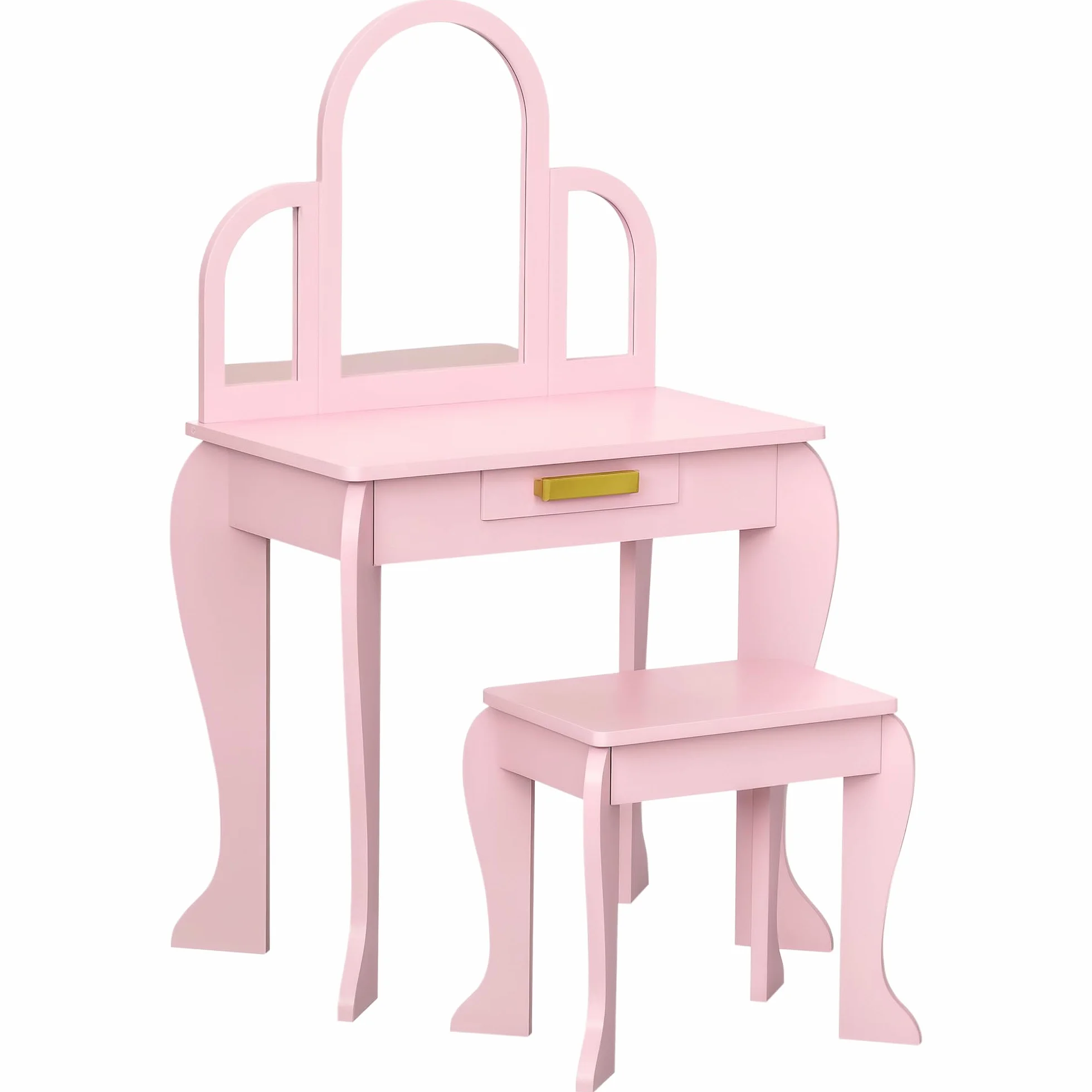 HOMCOM Tocador Infantil con Espejo y Taburete de Maquillaje Madera Rosa para Niñas 3-6 Años