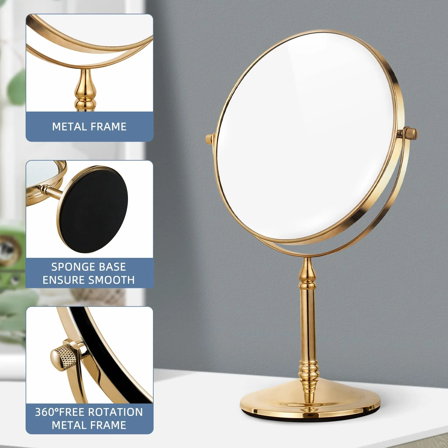 DOWRY Espejo de Maquillaje Dorado Con Aumento 7X - Cosmético de Mesa 8 Pulgadas, Afeitado de Pie, Doble Cara