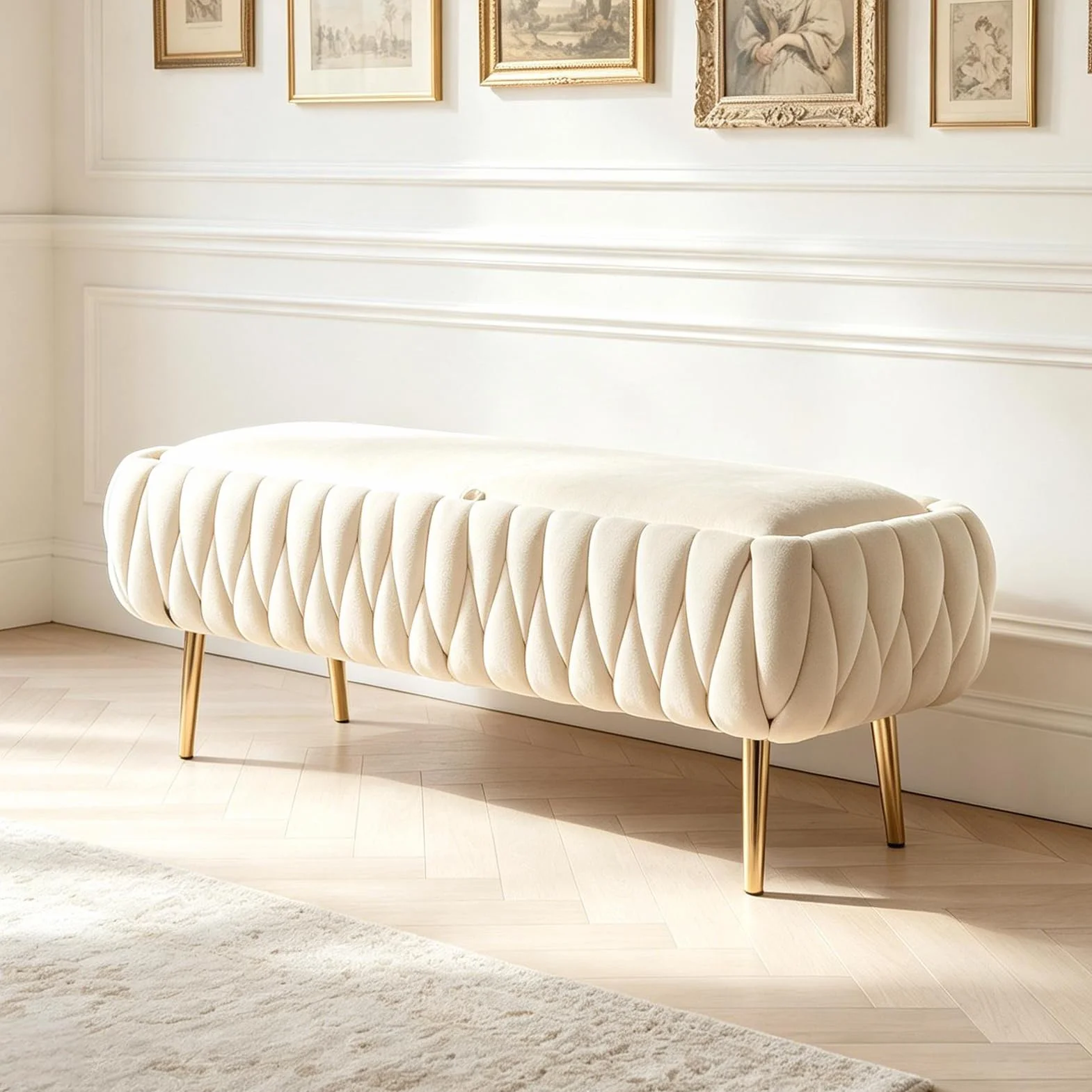 Banco Acolchado con Almacenaje, Banco Recibidor Entrada con Patas de Metal Doradas, Soporta 300 kg, Baul Pie de Cama Dormitorio para Sala, Dormitorio y Entrada 105 x 44 x 44 cm (Beige)