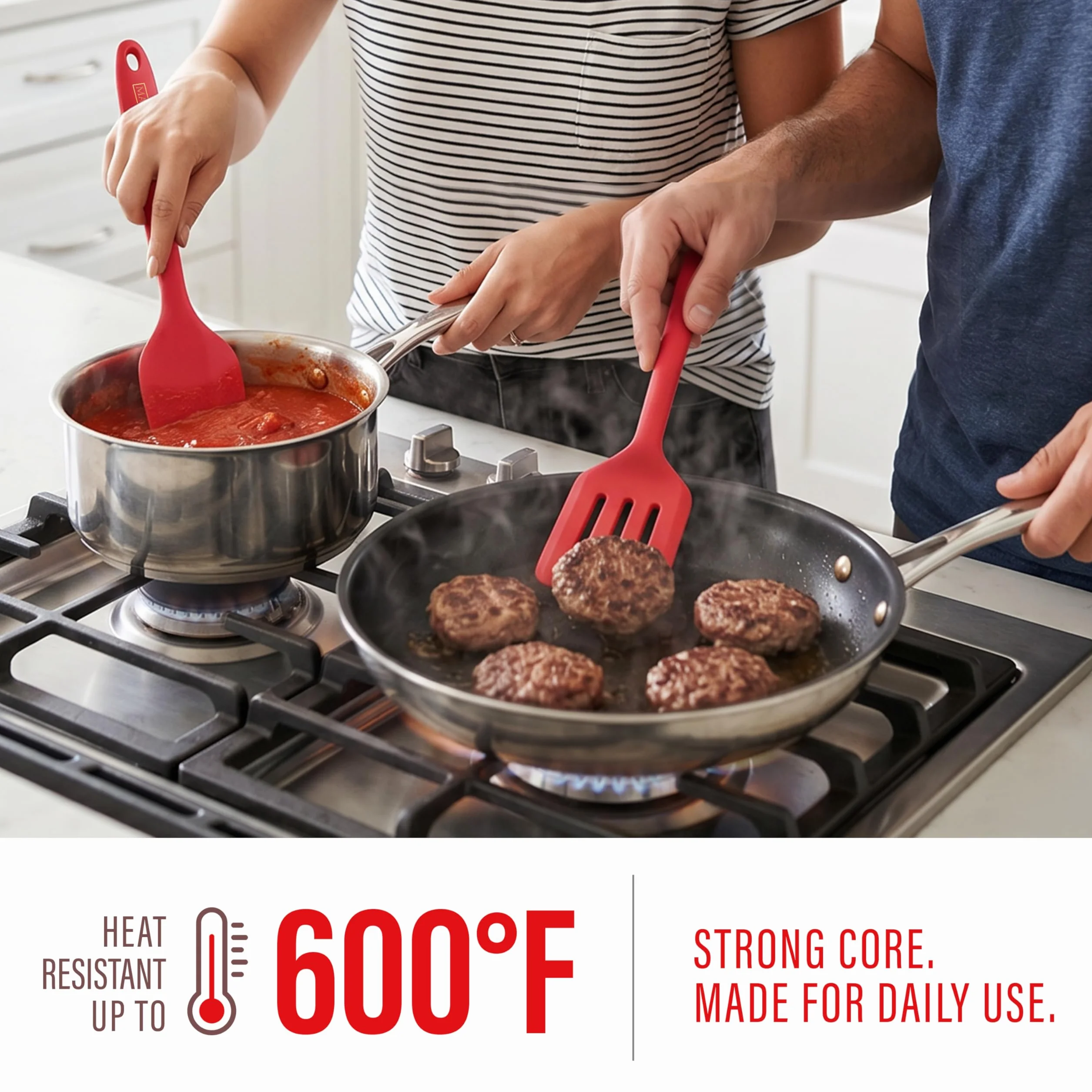 MASUS Juego de 4 espátulas de silicona de goma con un volteador para sartenes antiadherentes, juego de espátulas de goma resistentes al calor 315.6 °C para hornear, espátula de plástico para cocinar