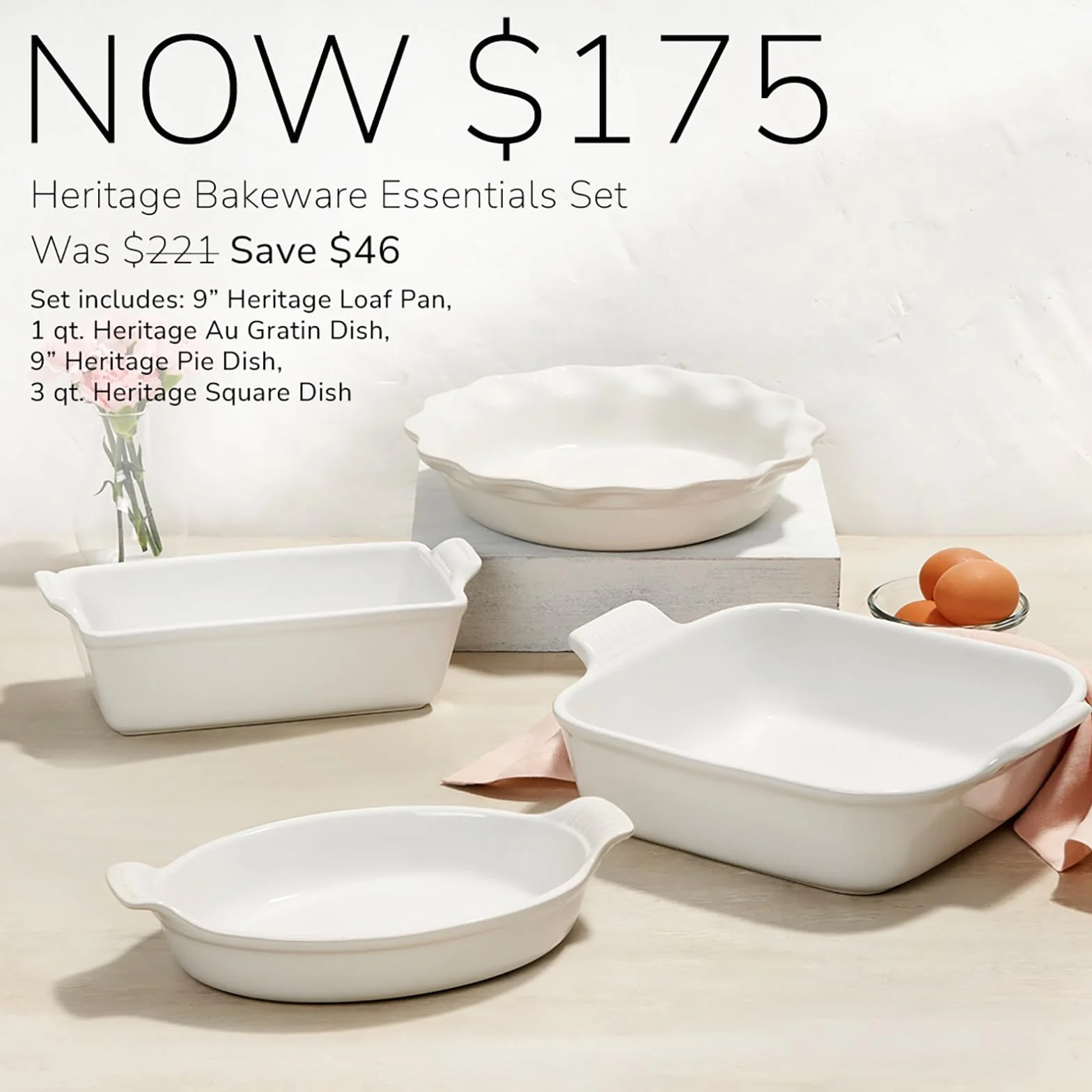 Le Creuset Juego de 4 utensilios para hornear Heritage de gres, ostra