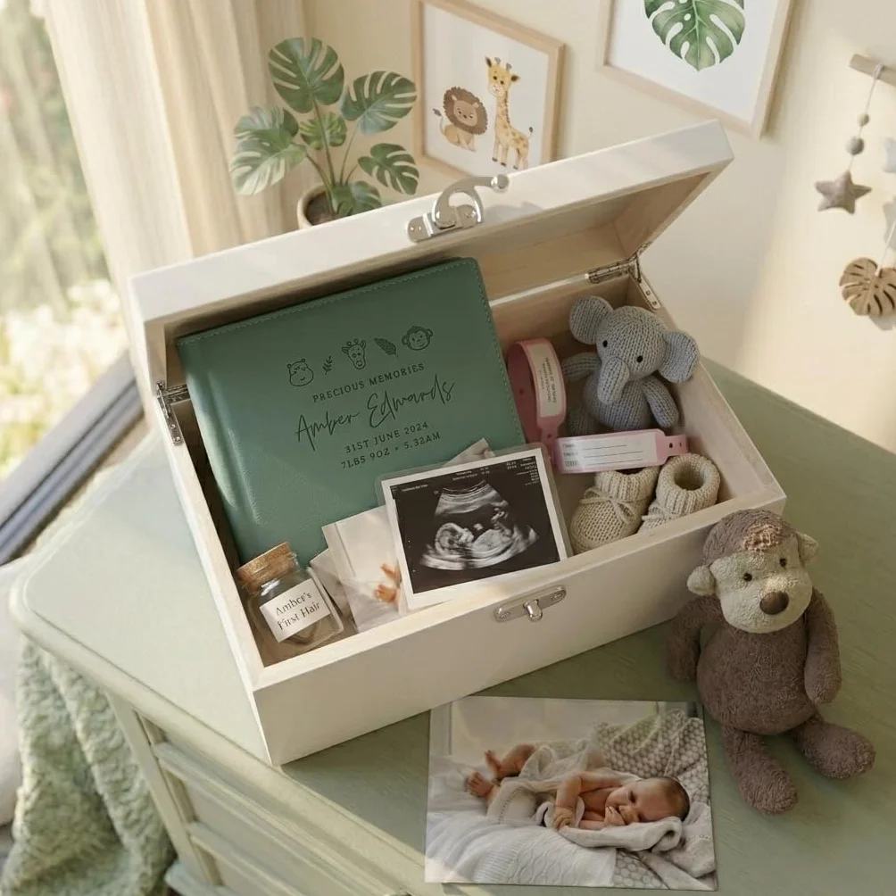 Caja de recuerdos personalizada de madera blanca con animales de la selva | Baby Shower, nuevo bebé | 27 x 19 x 14 cm