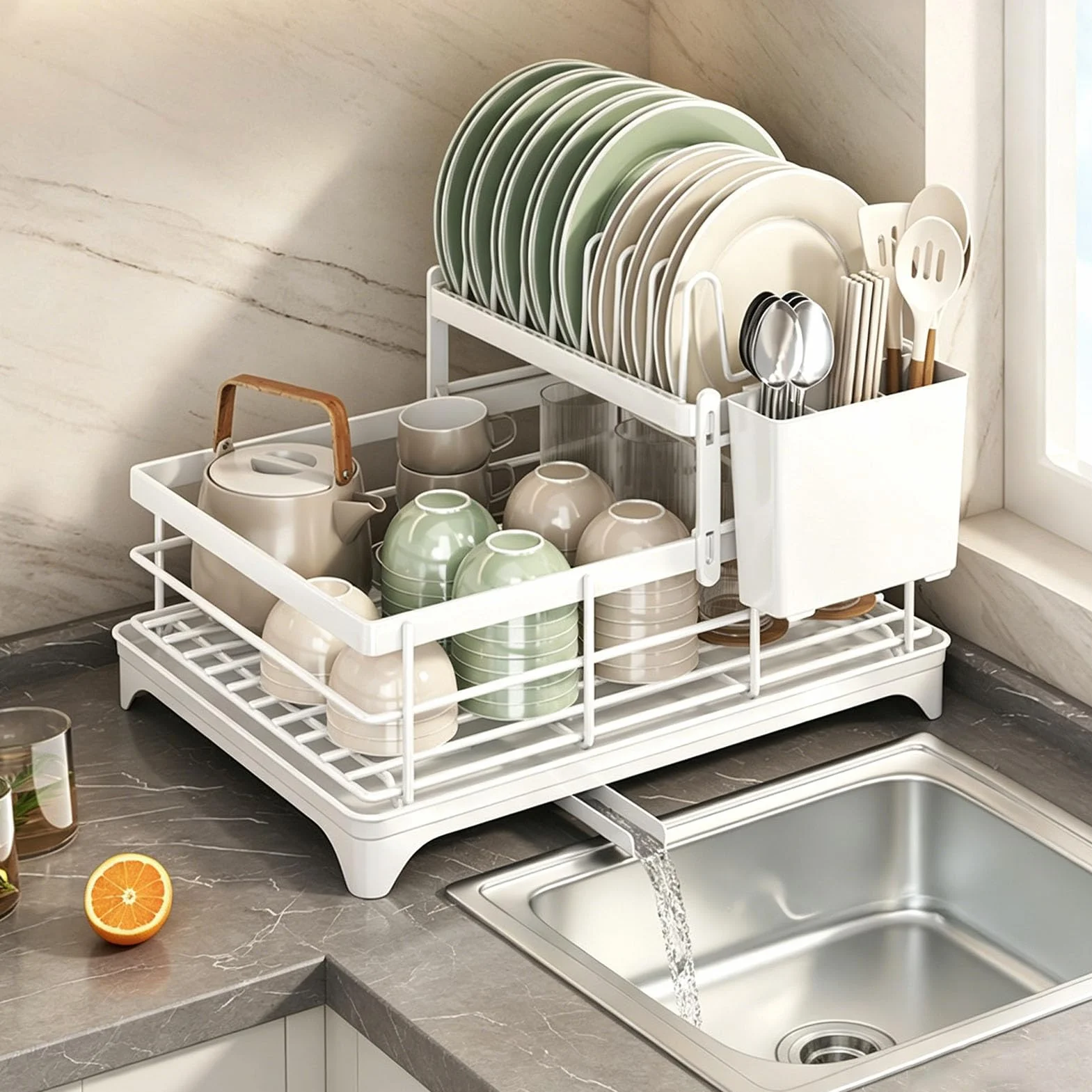 Escurridor de Platos, Gran Capacidad con Boquilla de Drenaje Giratoria 360°, Porta Utensilios Desmontable, Escurridor de Metal Antióxido para Encimera,Blanca,2 Tier