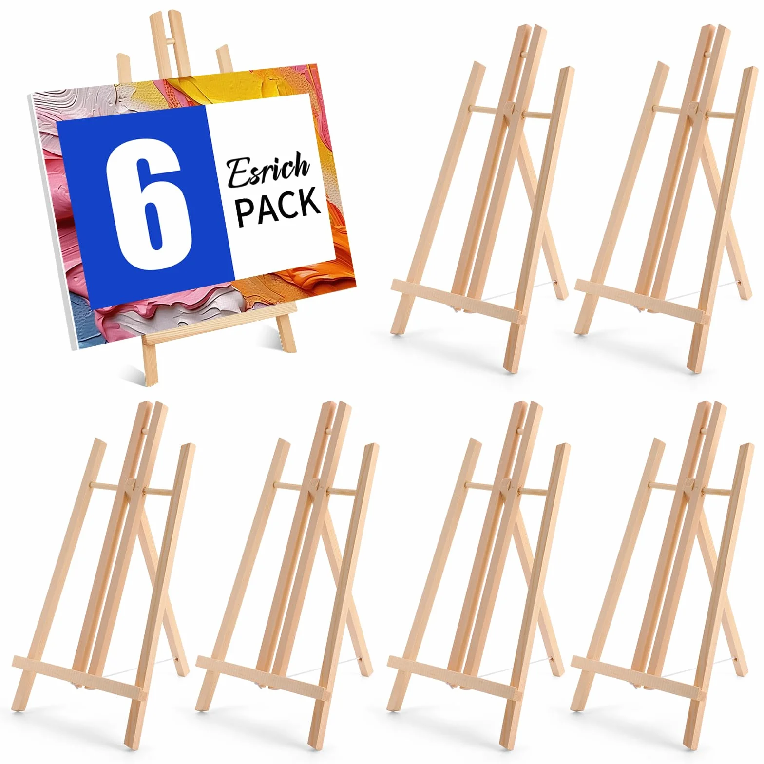 ESRICH Paquete de 6 caballetes de 16 pulgadas, caballete de mesa para pintar, caballetes de exhibición de mesa de madera, soporte de caballete de pintura para carteles de fotos de lona portátil,