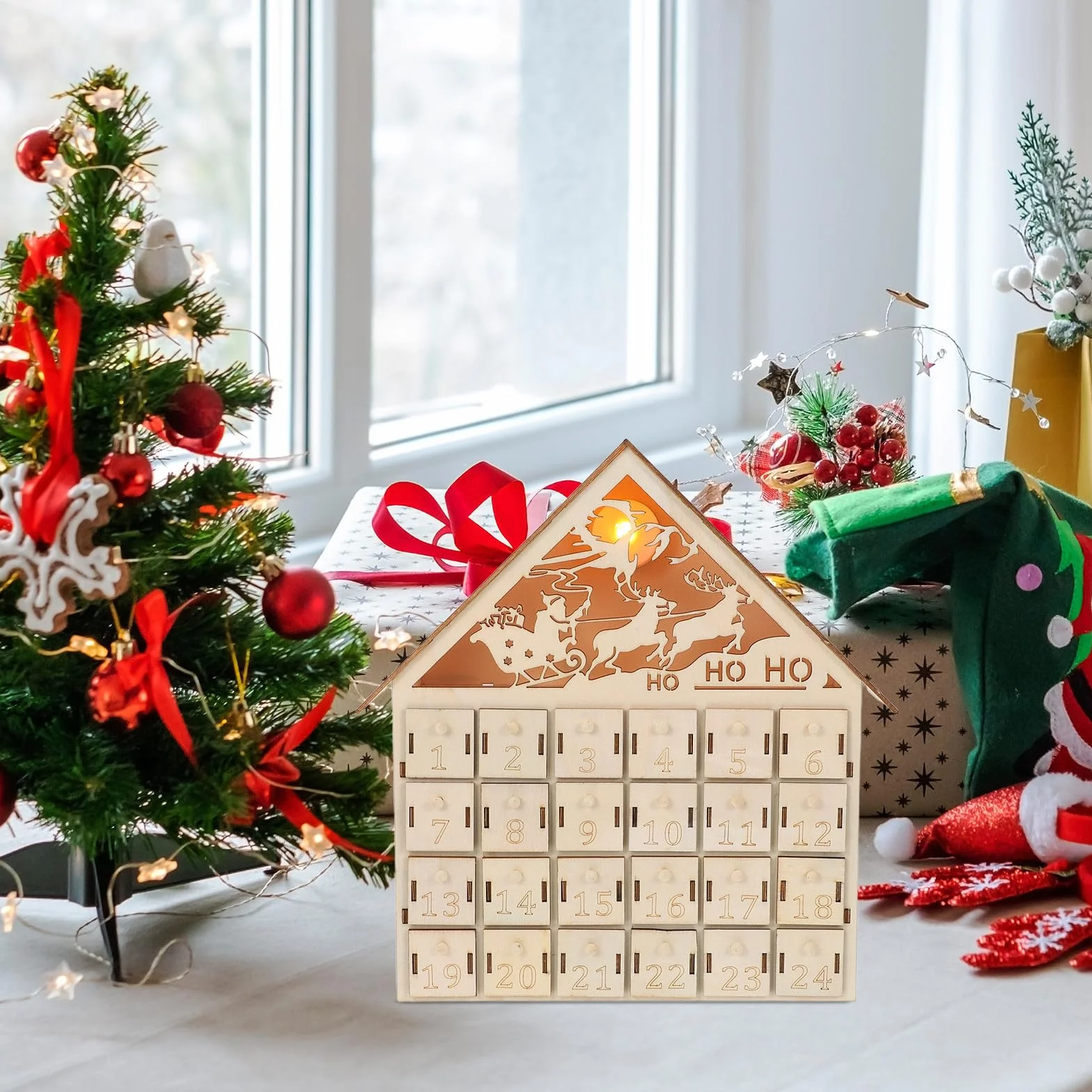 NUOBESTY Calendario de Adviento de Madera 24 Cajones y Luces Led, Adorno Navideño Reutilizable para Reuniones Festivas y Hogar Diseño Rústico Encantador