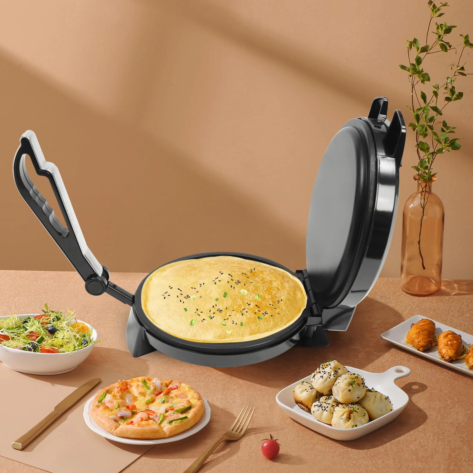 Roti Maker Tortilla Prensa Taco Prensa Tortilla Caliente Tortilla Maker para tortitas Pan Cakes Tortillas Tortilla Maker (Negro y Plata)