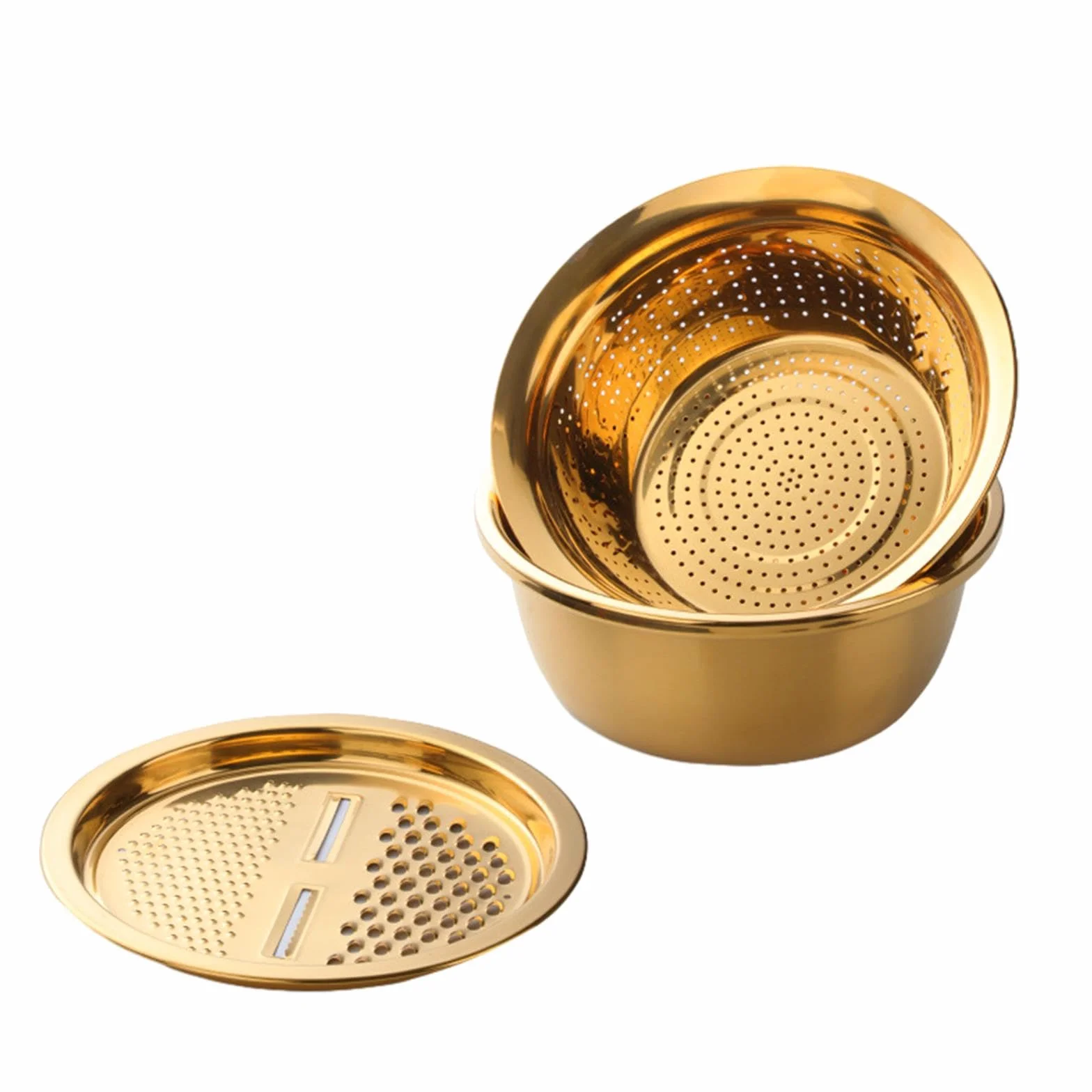 Cesta Escurridor Rallador Vegetal Acero Inoxidable Multifunción para Preparar Ensaladas Lavar Alimentos Apto Cocina Familiar Uso Diario, Oro, Individual