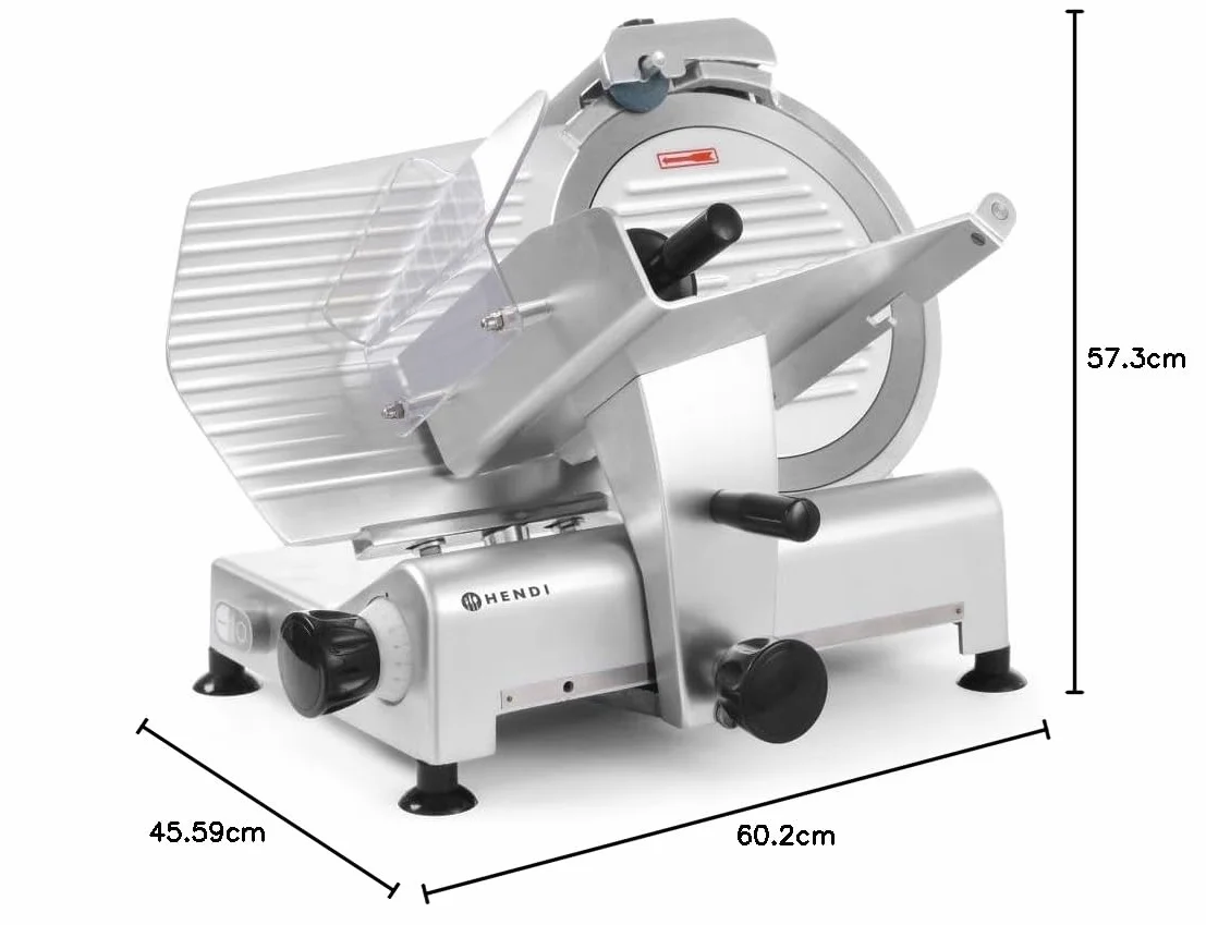 HENDI Cortadora eléctrica de carne, cortafiambres multiusos, Profi Line 300, Ø cuchilla: 300mm, espesor de corte (0-14mm), 220-240V, 420W, 602x573x(H)456mm, plateado, aluminio, acero inoxidable