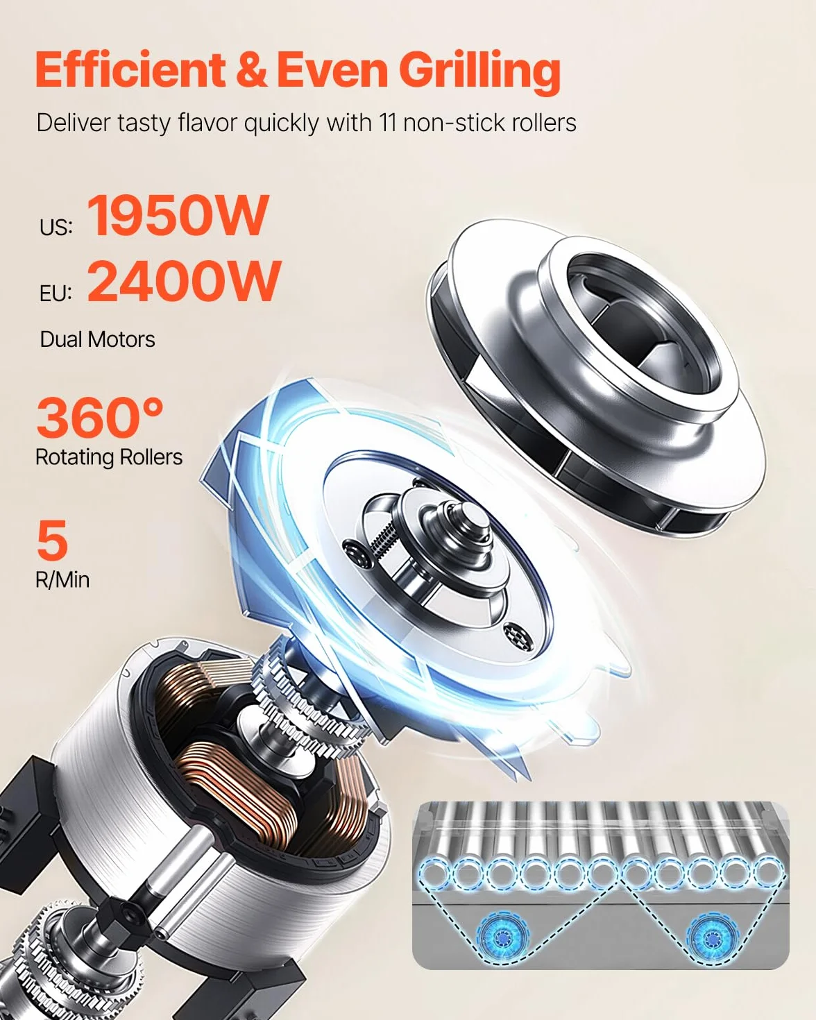 VEVOR Parrilla de Acero Inoxidable para Perros Calientes de 2400 W con Calentador de Panecillos, Cubierta, Control de 3 Temperaturas, Caja de Almacenamiento Lateral, 11 Rodillos, 5 r/min, Plata