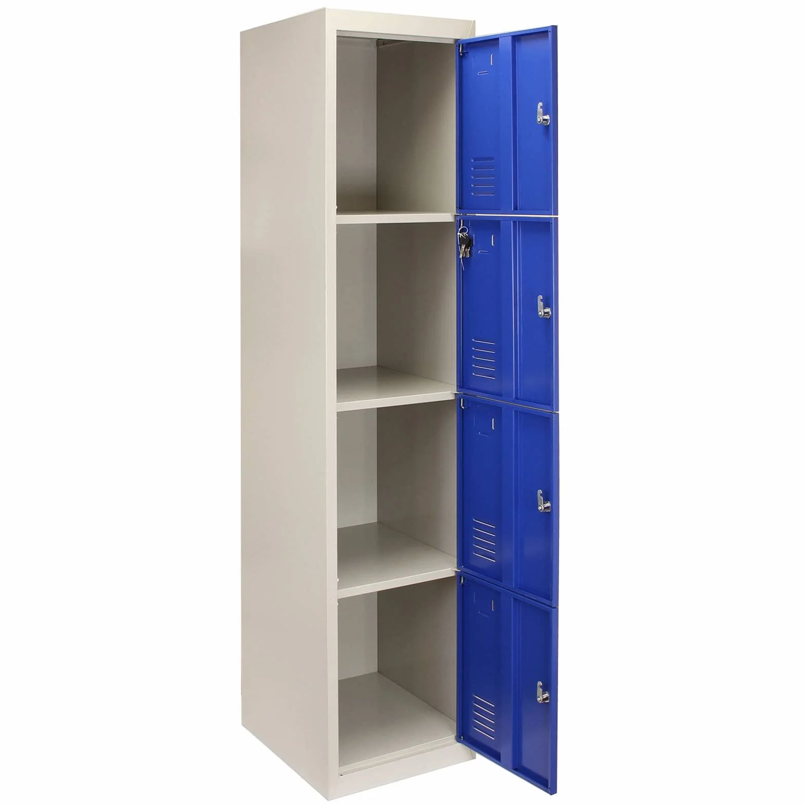 Taquilla Metálica para Montar con 4 Puertas Azules 45x38x180cm con Estantes llaves Imanes Portatarjetas Nombre Número Armario Casillero Metalico Blue Metal Locker Escuela Gimnasio Vestuario y Oficina