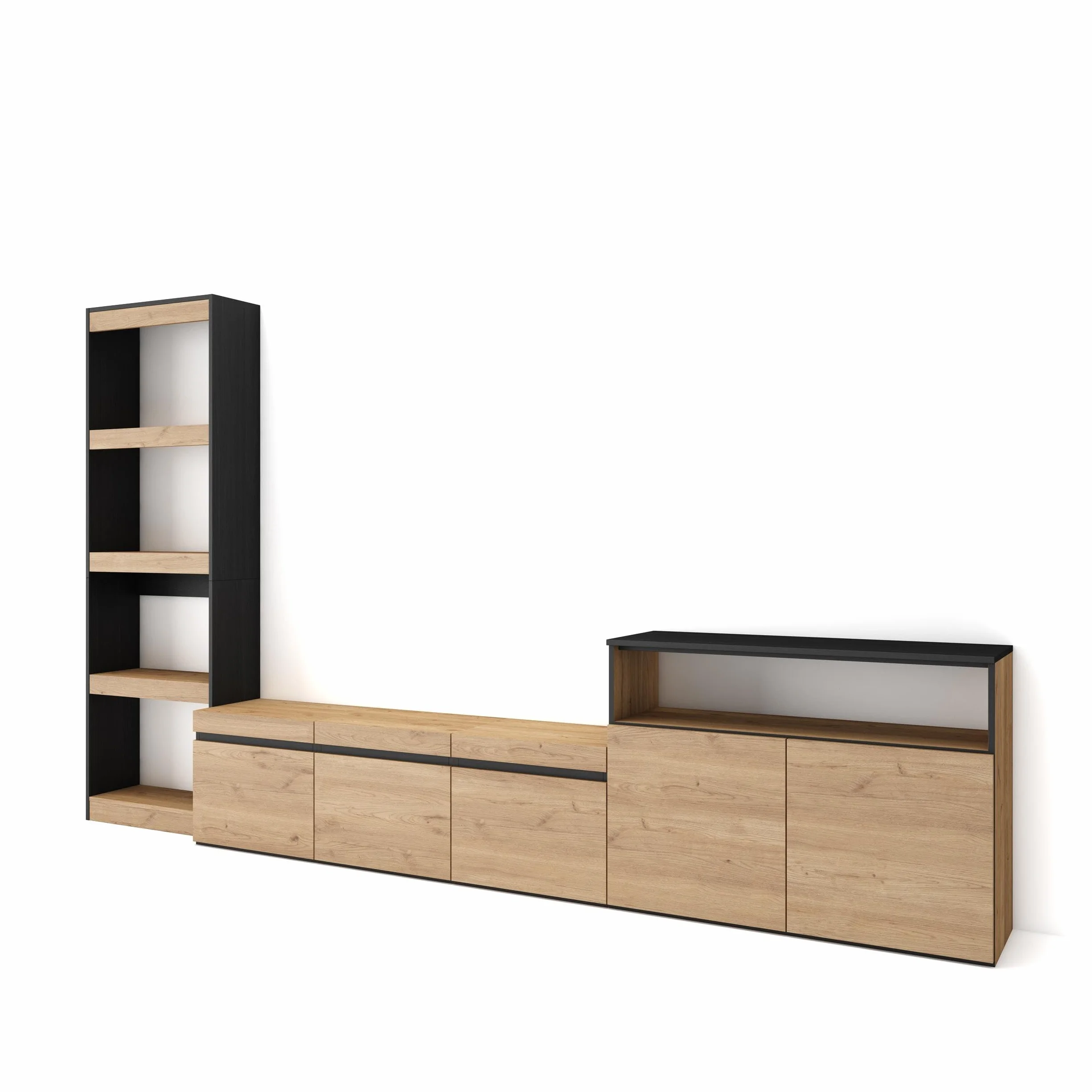 Skraut Home | Muebles de Salón para TV | Conjunto de Muebles Comedor | 310x186x35cm | para TV hasta 65" | Mueble Televisión | Estilo Moderno | Roble y Negro