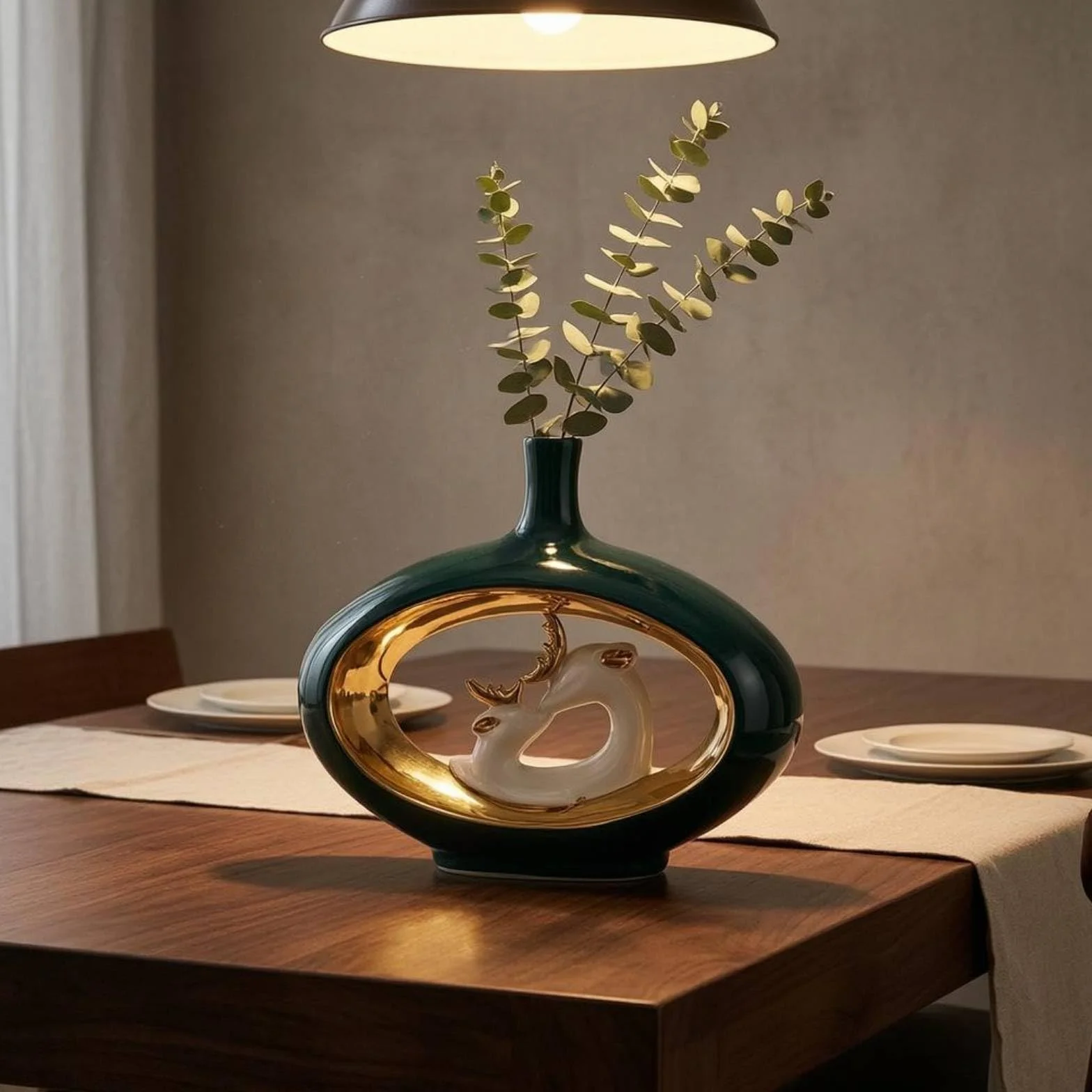Qianly Jarrón de Cerámica Jarrón Florero Botella Decoración Interior con Ciervo y Ramas Esculpidas Abertura Que Mantiene Flores y Dorado Brillante Adecuado, Verde, Dorado, Jarrón De Ciervo 11029