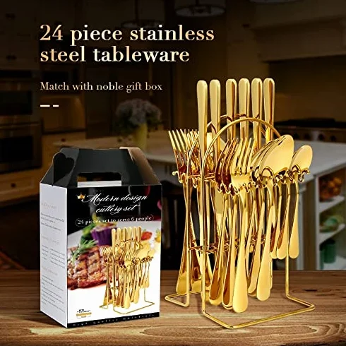 Juego de Cubiertos de Acero Inoxidable, 24 Piezas, Caja de Regalo, Mango de Color de Lujo, Tenedor, Cuchara y Cuchillo. Apto para lavavajillas (Rojo Dorado).