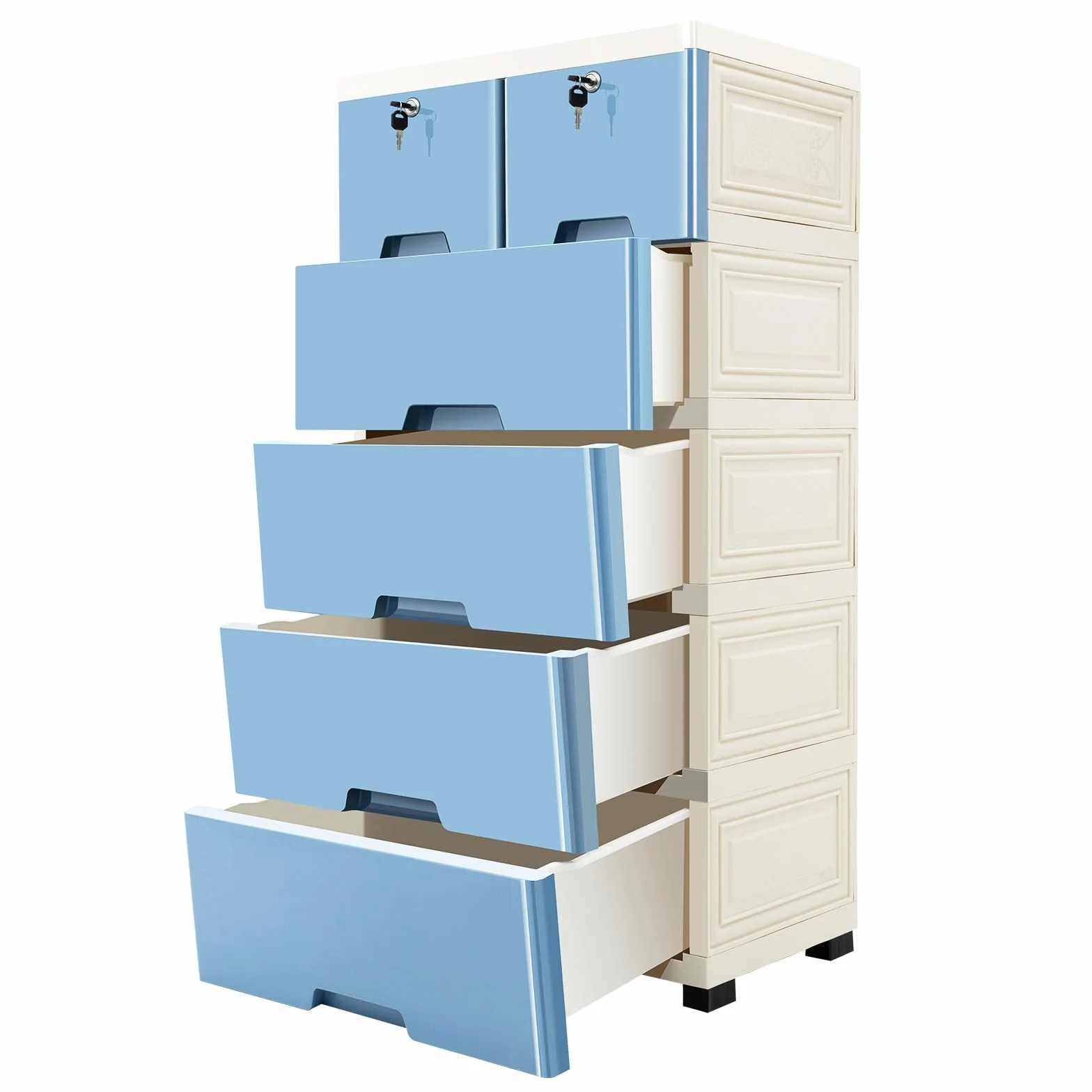 Cajonera de 6 cajones apilable vertical con ruedas y cerraduras, mueble de plástico para pasillo, entrada, muebles para el hogar (azul)
