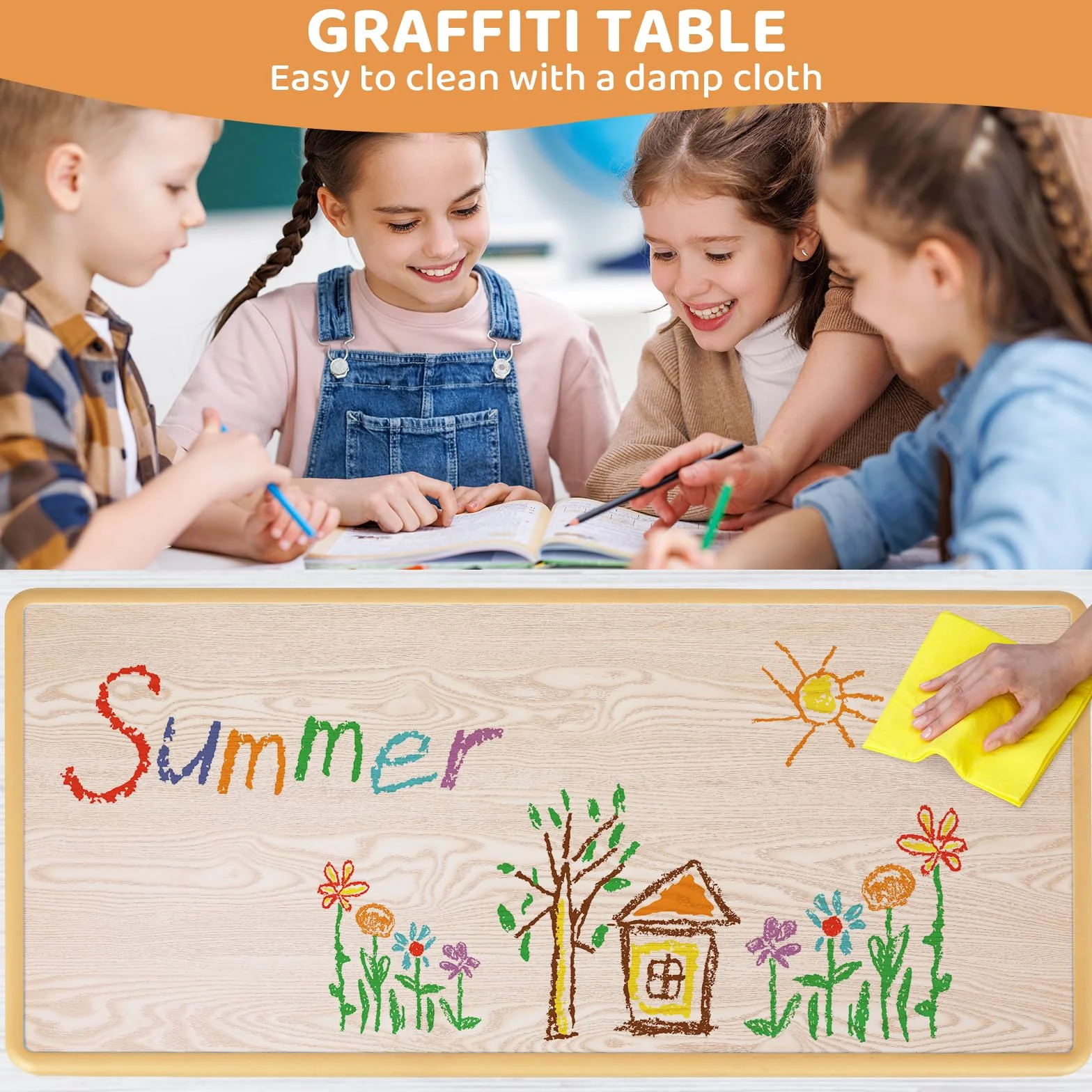 Clevich Mesa Infantil con 6 sillas, Juego de sillas para guarderías y Habitaciones Infantiles, Altura Regulable, Muebles Infantiles de plástico, Grupo de Asientos para niños y niñas, Amarillo