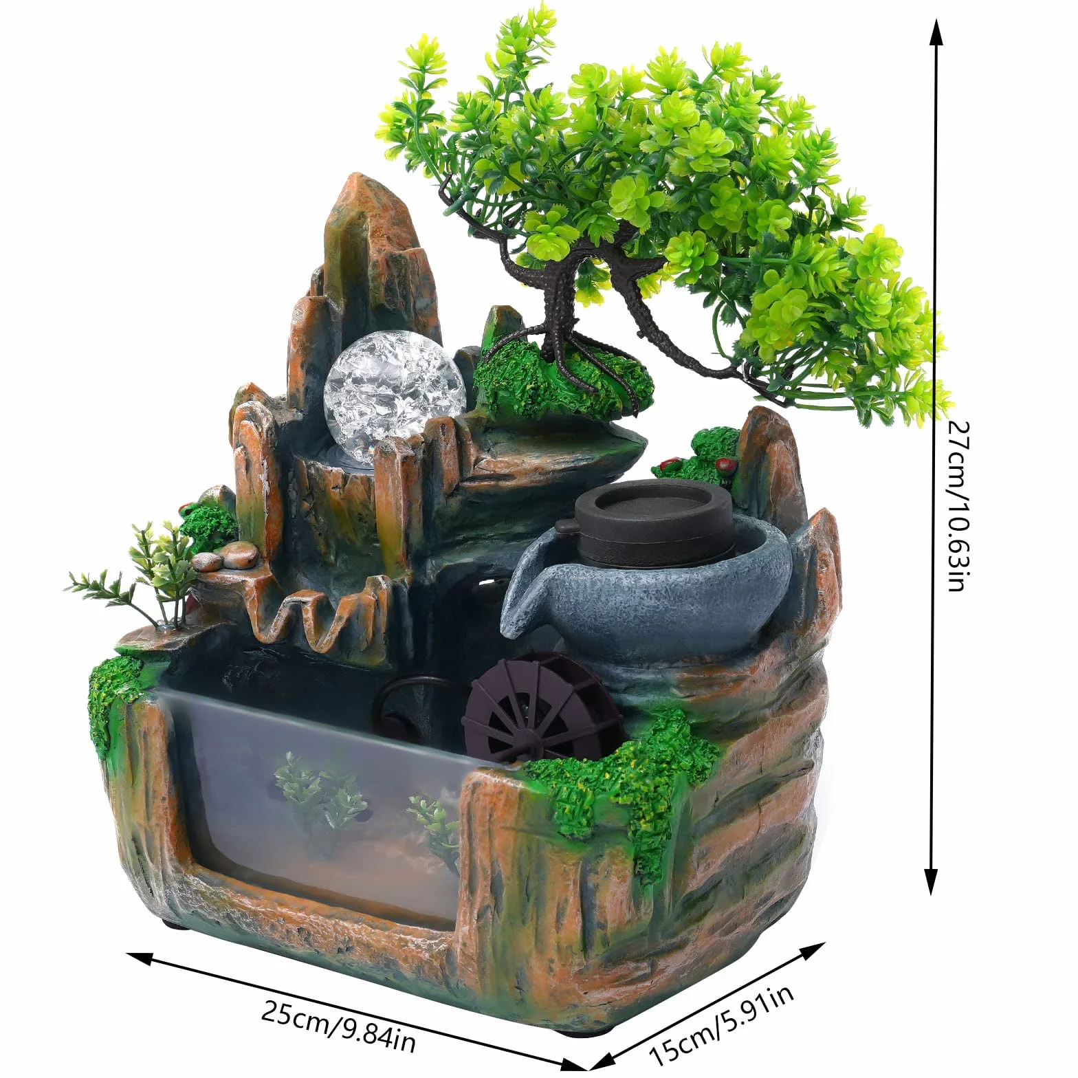 Fuente de mesa de cascada, 220 V, resina con luz LED, pequeña fuente de agua rocosa para interior con lámpara LED, efecto atomizador, 25 x 15 x 27 cm