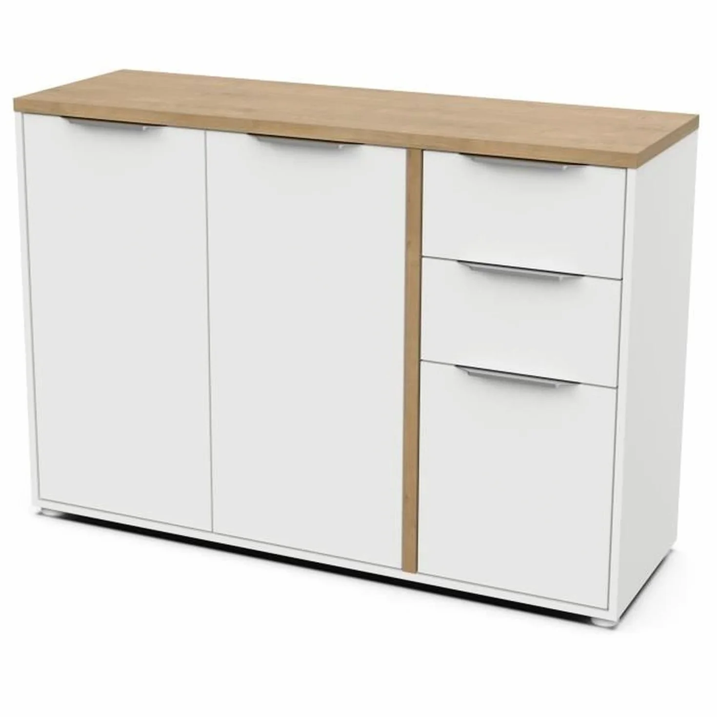 Aparador Moderno Blanco Mate y Roble Hamilton 3 Puertas 2 Cajones 121,5 x 39,6 x 85,6 cm
