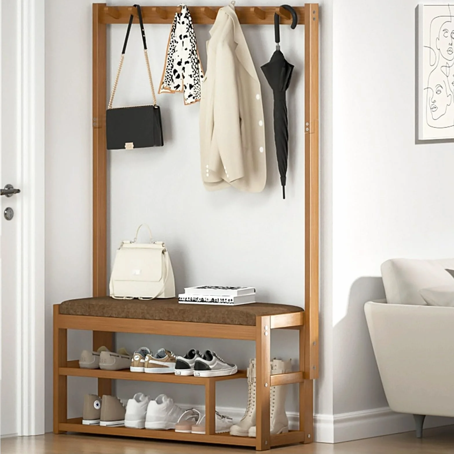 Perchero de Entrada Recibidor con Banco，Perchero Zapatero, Perchero Recibidor con Ganchos, Banco Zapatero y Estantes, Pasillo Dormitorio Salón, Estilo Moderno(L100*W29CM/L40.5*W11.4IN)