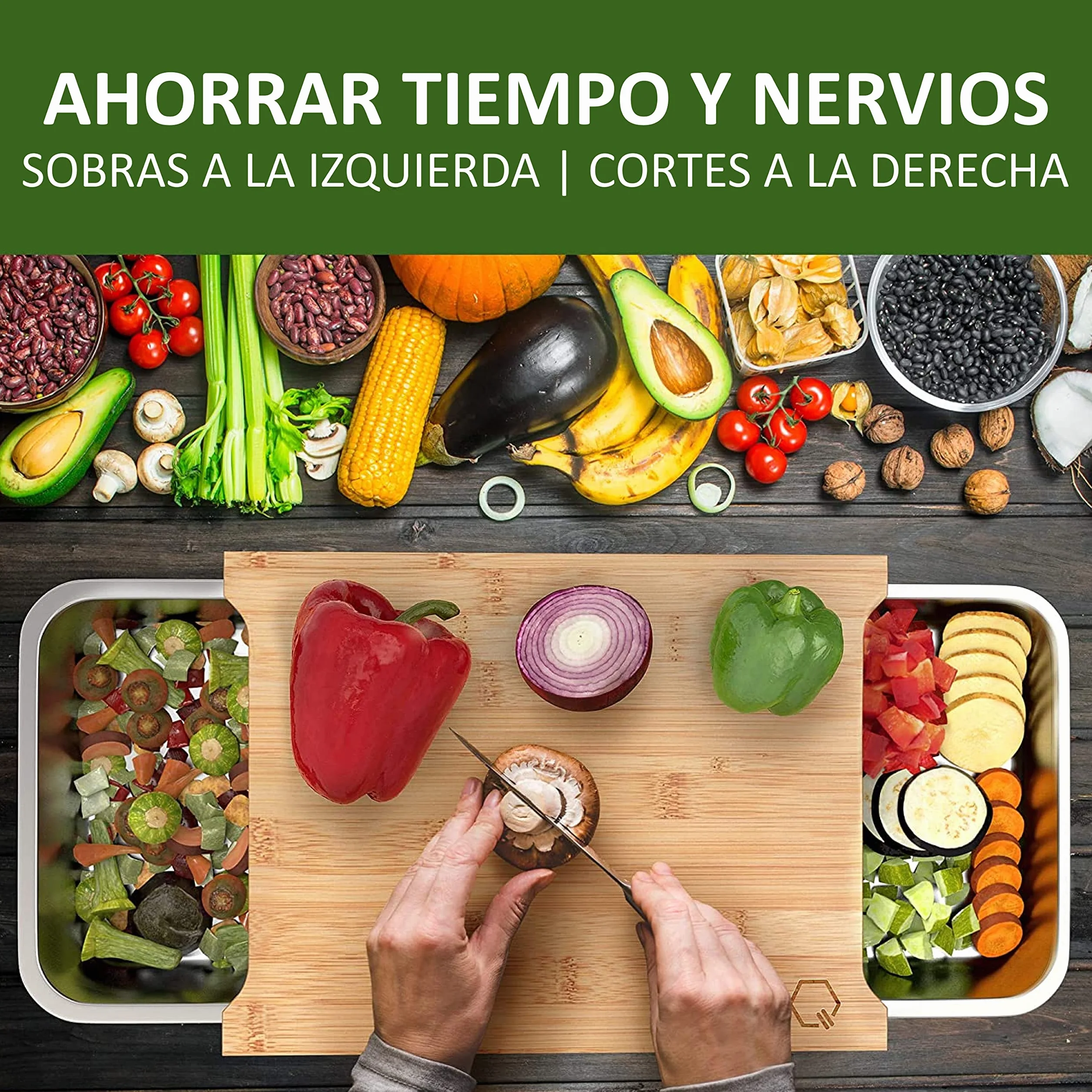 Premium Tabla de cortar con bandejas, bambú con 3 placas de cocción de acero inoxidable, apto para lavavajillas,Tabla de cortar de cocina multifuncional.
