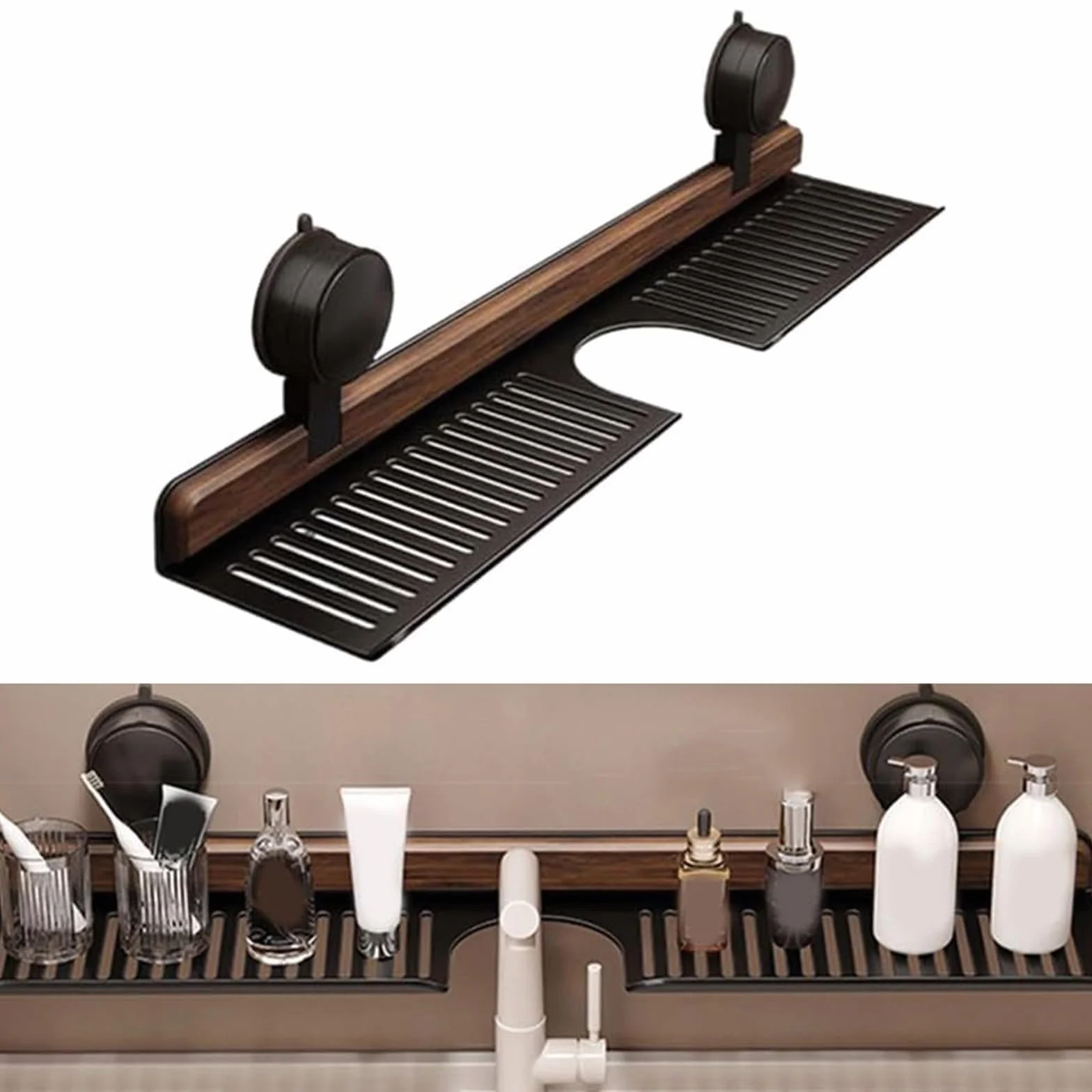 Estante de baño con ventosa, organizador montado en la pared, aleación de aluminio, sin taladrar, con tiras de nogal para baño, caravana, cocina, dormitorio