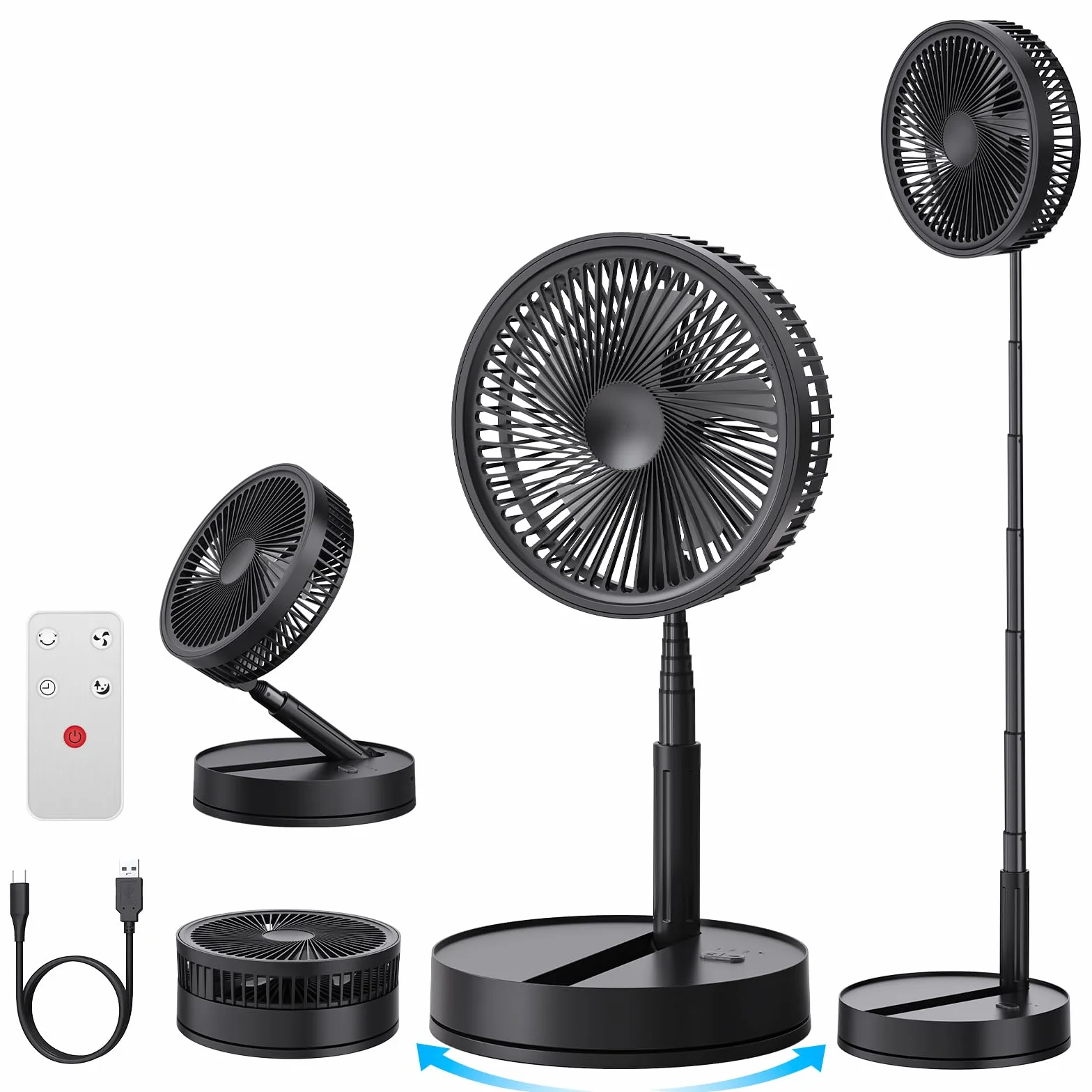 Ventilador de Pie Portatil Silencioso - 8,6" Recargable Fan | Plegable, Oscilante, 4 Velocidades, Temporizador, 8000mAh Bateria, Mando a Distancia. Ideal para Dormir Oficina Camping