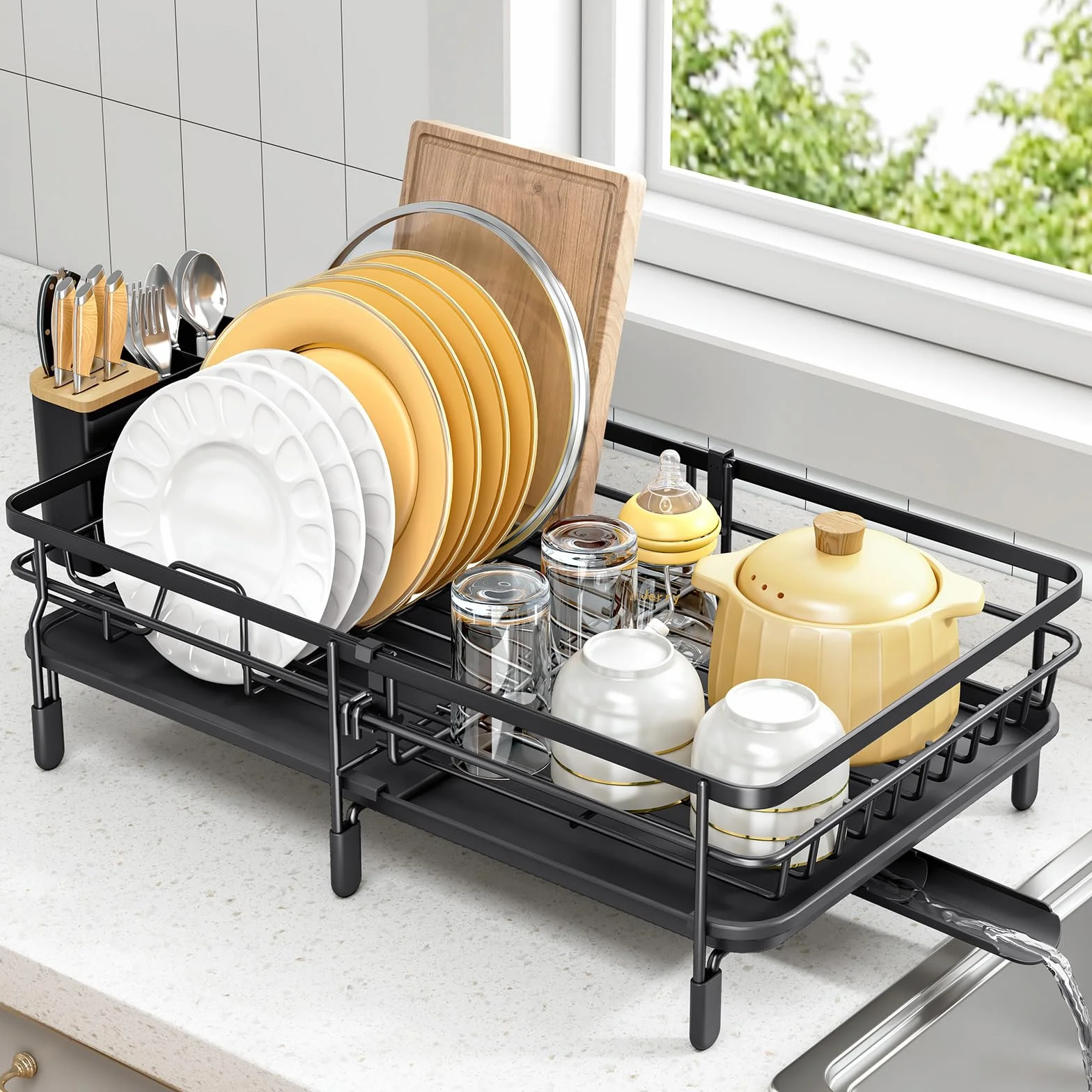KINGRACK Escurreplatos Extensible de Gran Capacidad con Soporte para Cubiertos Extraíble, Negro
