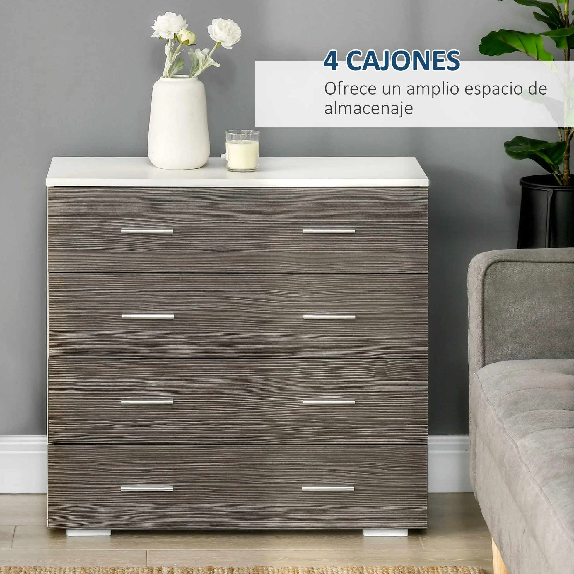 HOMCOM Cómoda 4 Cajones, Cómoda Dormitorio, Cajonera para Salón, Oficina, Pasillo, Estilo Moderno, 76x35x72 cm, Gris Veteado y Blanco